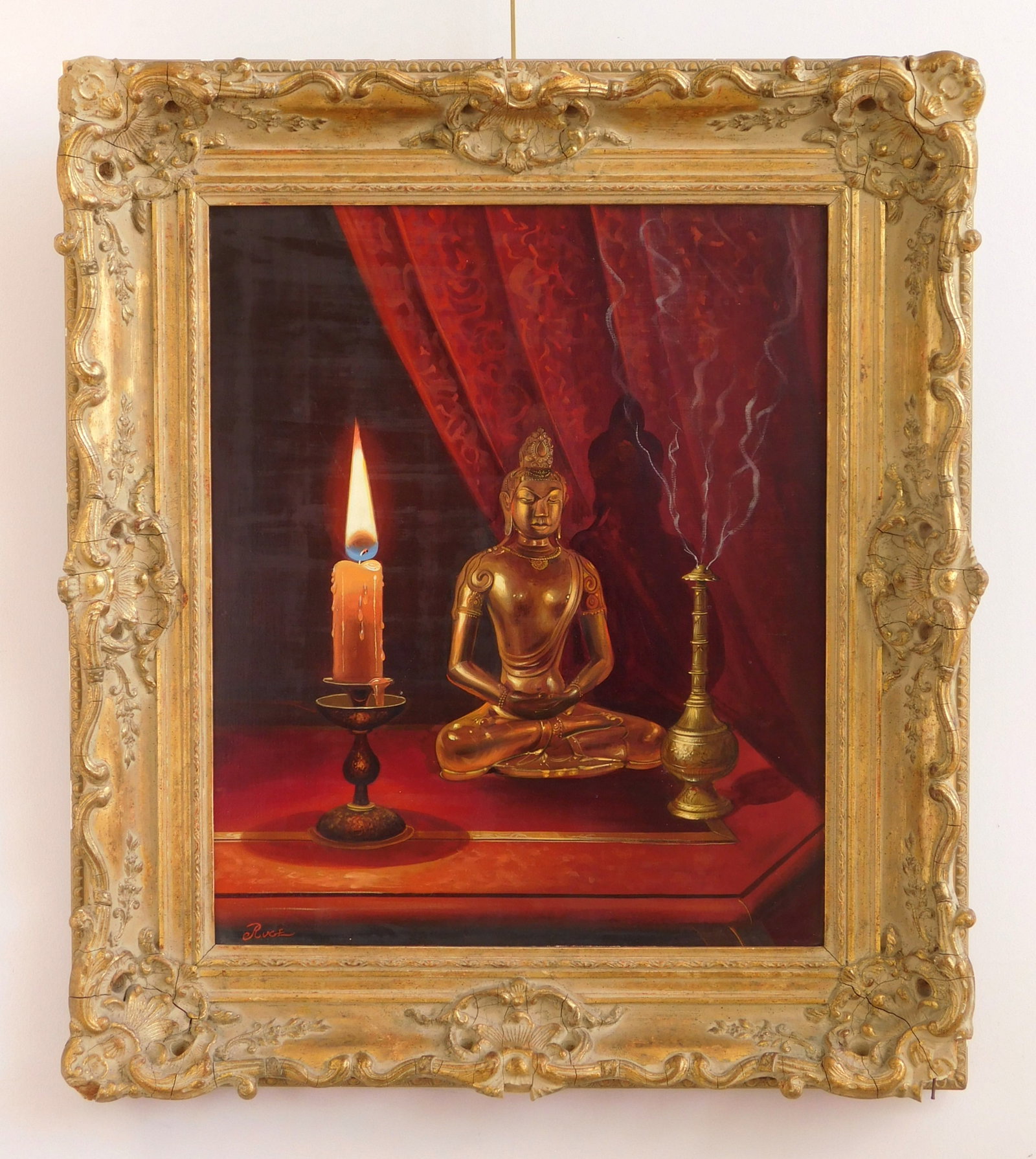 K. Ruge (American, 1910-?) oil: Still-Life with Candle and Buddha oil on canvas, signed Ruge lower left, framed. 24 x 20" Provenance: Private collection- Cleveland Heights, OH *** PLEASE READ: IMPORTANT NOTE About S&H ***