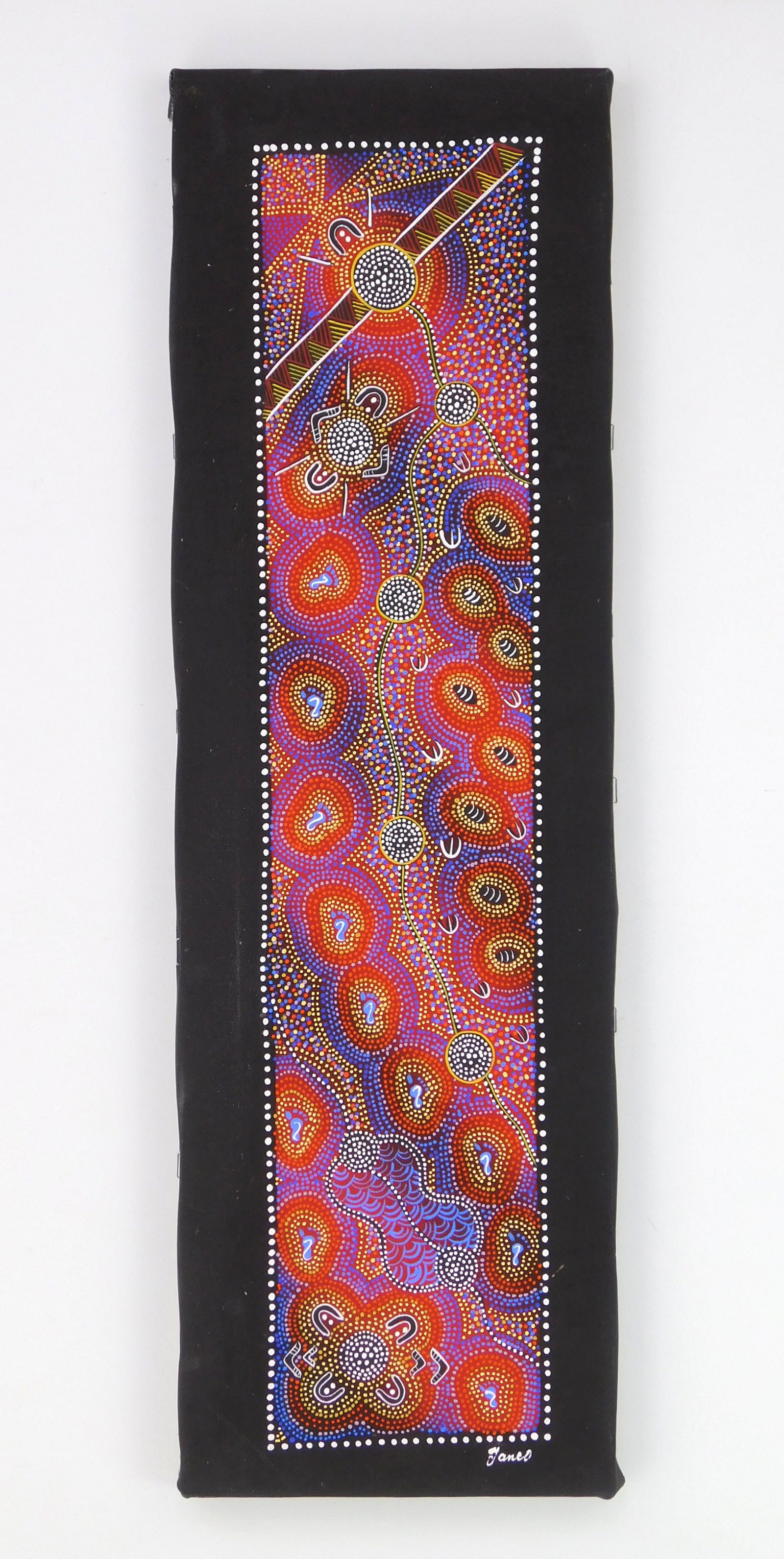 20th c. Aboriginal acrylic: Goanna Dreaming acrylic on canvas, signed Jana (?) lower right and on verso. 22 x 7" Provenance: Private collection- Kirtland, OH *** PLEASE READ: IMPORTANT NOTE About S&H *** S&H