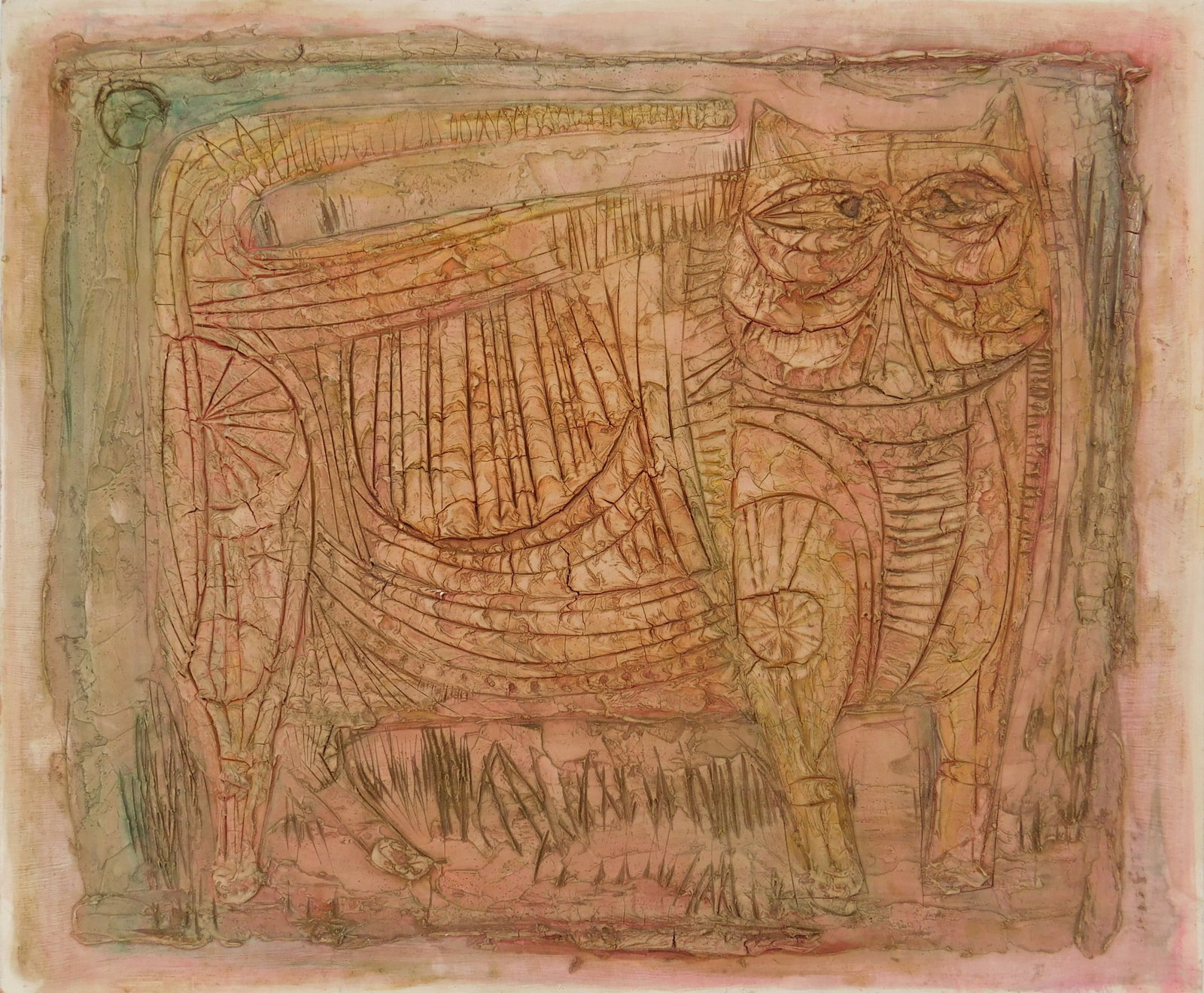 20th c. American School: Cat mixed media on Masonite. 20 x 24" Provenance: Private collection- Cleveland, OH *** PLEASE READ: IMPORTANT NOTE About S&H *** S&H of this auction will be handled by "Shipping w