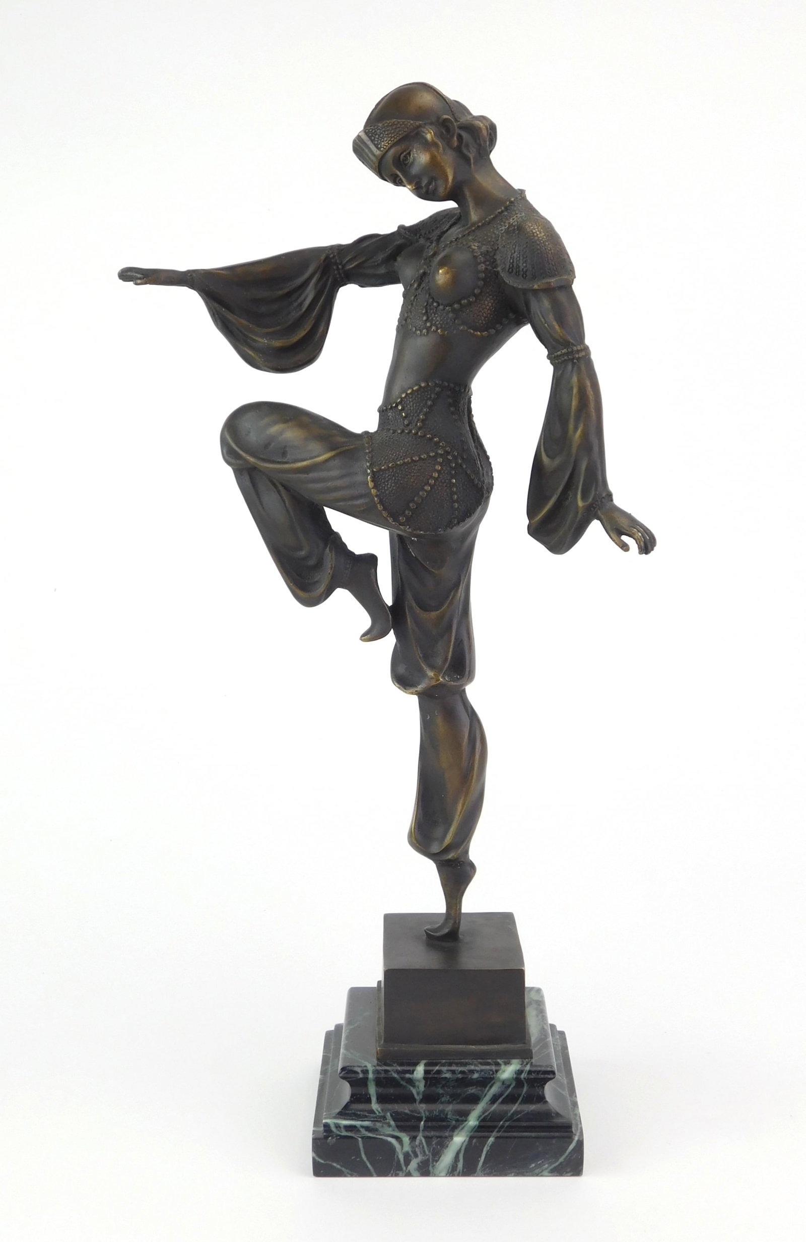 after Armand Godard (French, 1824-1887) sculpture: Art Deco Dancer bronze sculpture set on marble base, signed A. Godard bottom edge, posthumous casting. 16 1/2" Provenance: Private collection- Fremont, OH *** PLEASE READ: IMPORTANT NOTE About