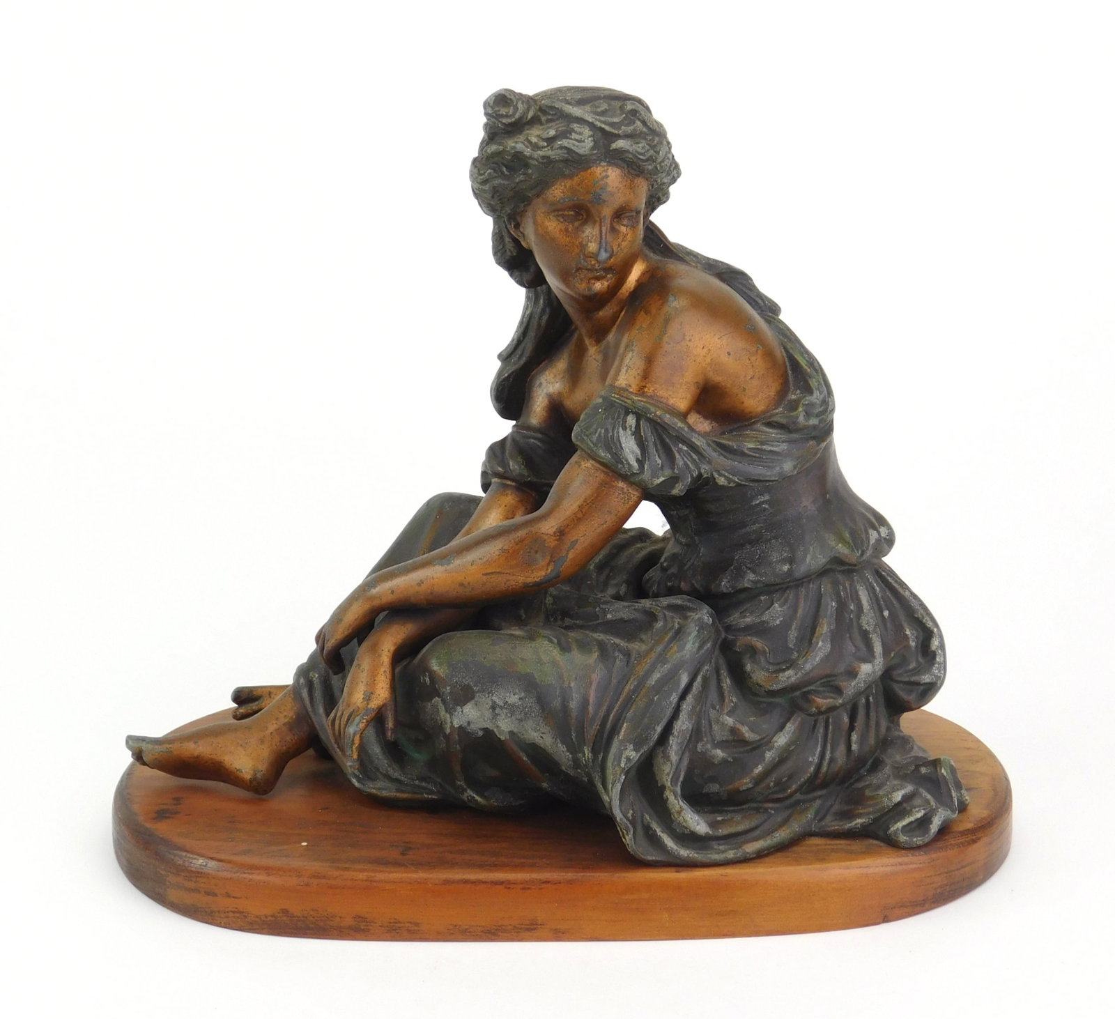 Contemporary bronze statue: Seated Woman- set on wood base. 9 1/2 x 5 x 8 1/2" Provenance: Private collection- Fremont, OH *** PLEASE READ: IMPORTANT NOTE About S&H *** S&H of this auction will be handled by