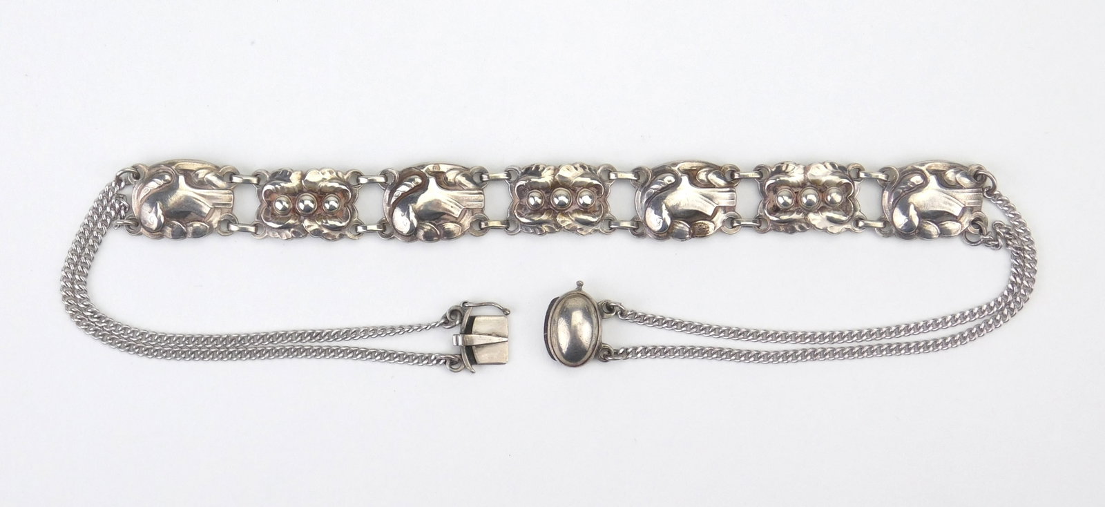 Georg Jensen sterling silver link bracelet: Dove and Silver pearl, marked 925/ GJ/ Sterling/ Denmark/ 24, designed by Kristian Mohl-hansen, extension chains have been added so it may be worn as a choker. Bracelet- 6
