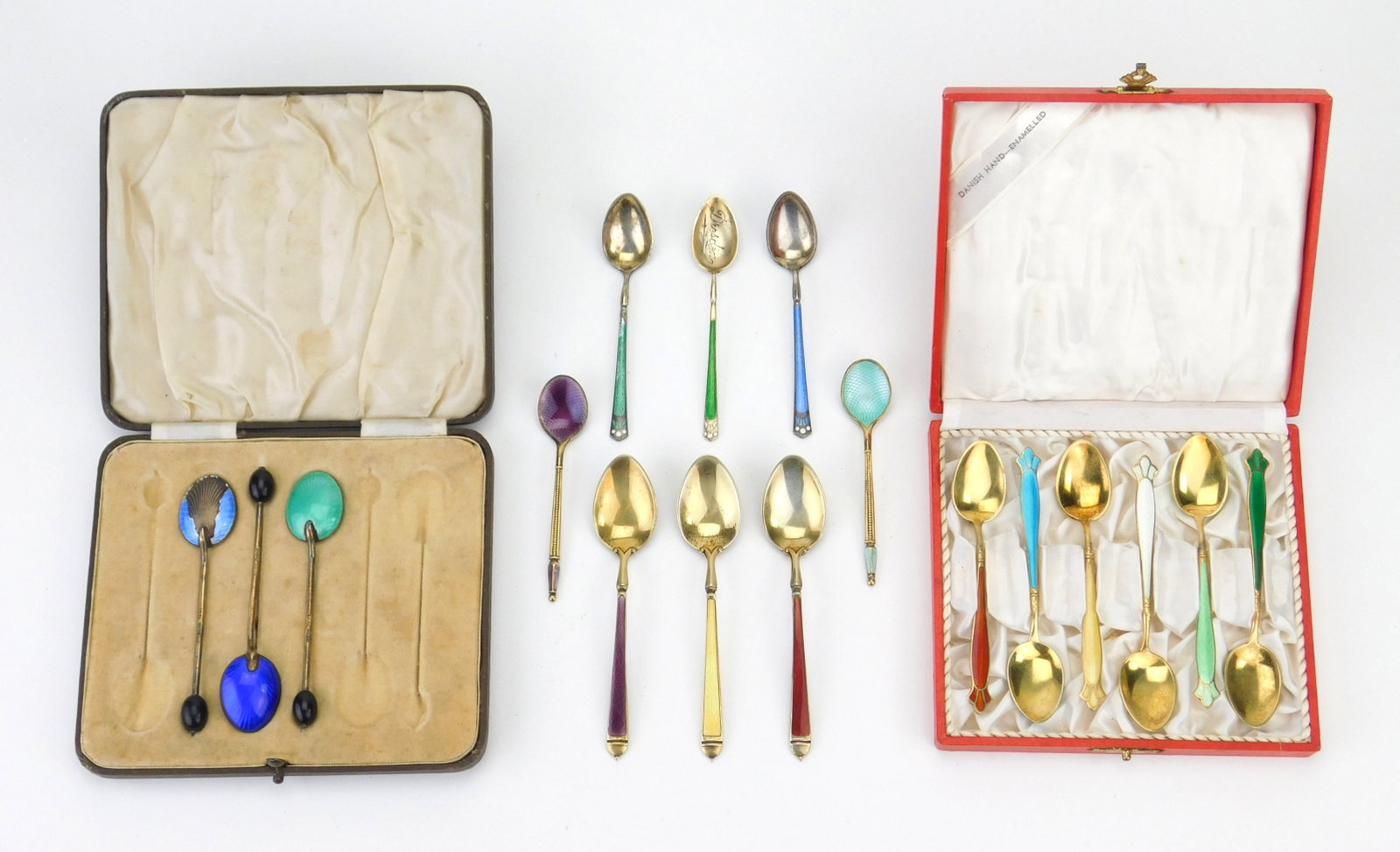 17 demitasse with guilloche enamel decoration: some matched sets, some sterling Provenance: Private collection- Ravenna, OH *** PLEASE READ: IMPORTANT NOTE About S&H *** S&H of this auction will be handled by "Shipping with LiveAuctioneers"