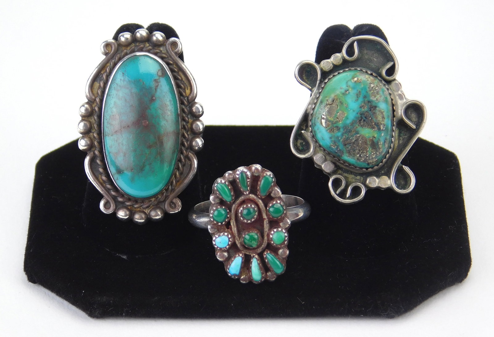3 Native American rings: sterling silver and turquoise. 2 rings 6 1/4 and 1 ring 7 1/2 Provenance: Private collection- Ashtabula, OH *** PLEASE READ: IMPORTANT NOTE About S&H *** S&H of this auction will be handled by
