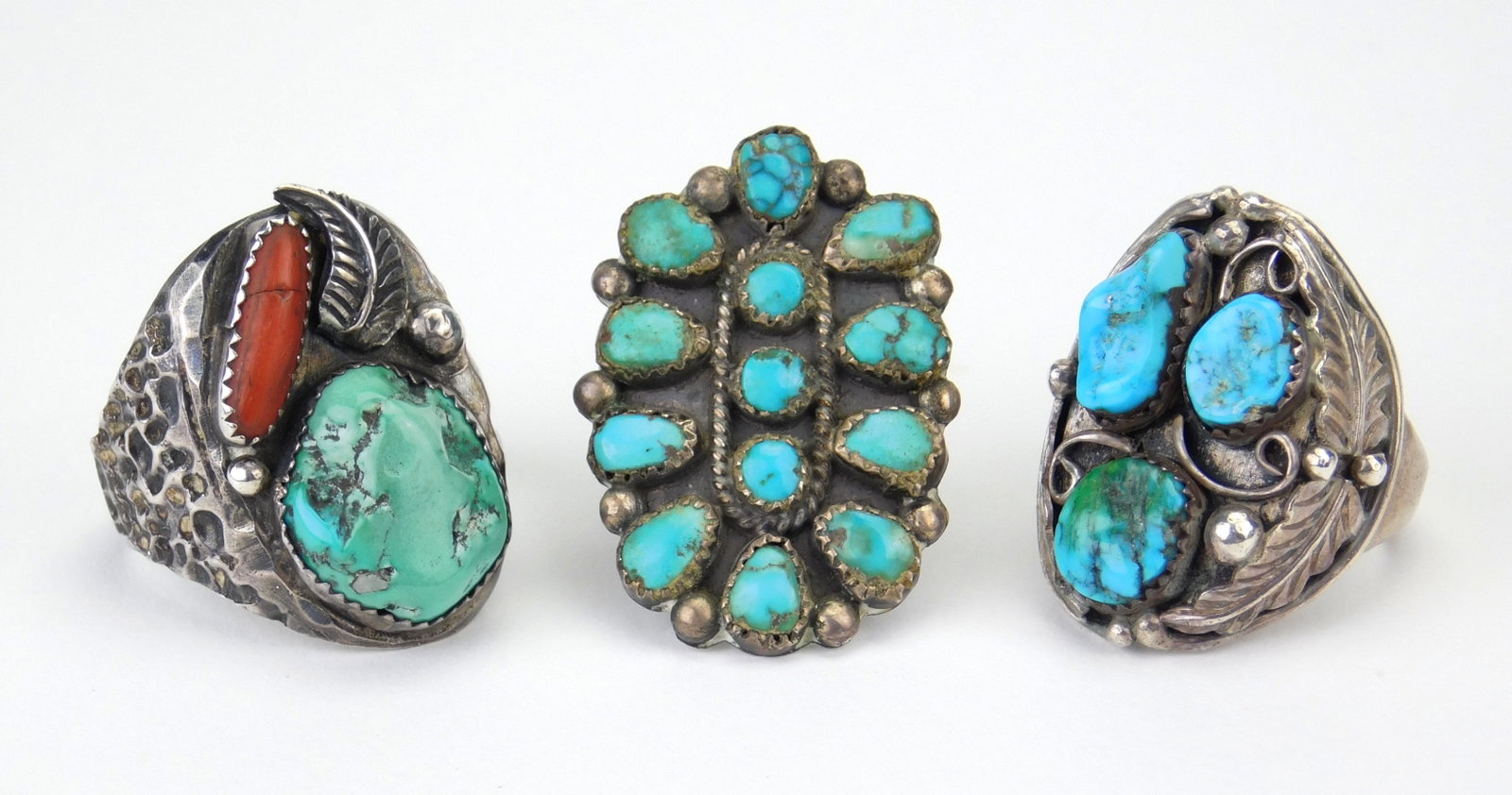 3 Native American rings: sterling silver and turquoise. Sizes 7, 11 & 13 Provenance: Private collection- Ashtabula, OH *** PLEASE READ: IMPORTANT NOTE About S&H *** S&H of this auction will be handled by "Shipping