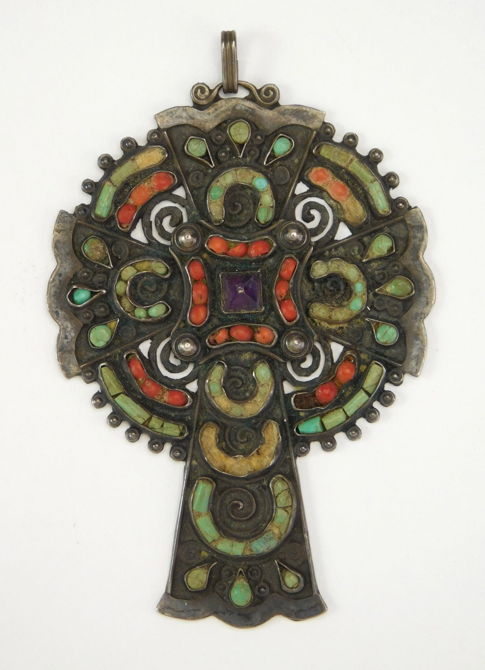 Matilde Poulat (Mexican, c.1900-1960) sterling cross: set with turquoise, coral and amethyst stones, marked on back. 3 1/4 x 2 1/4" *** PLEASE READ: IMPORTANT NOTE About S&H *** S&H of this auction will be handled by "Shipping with