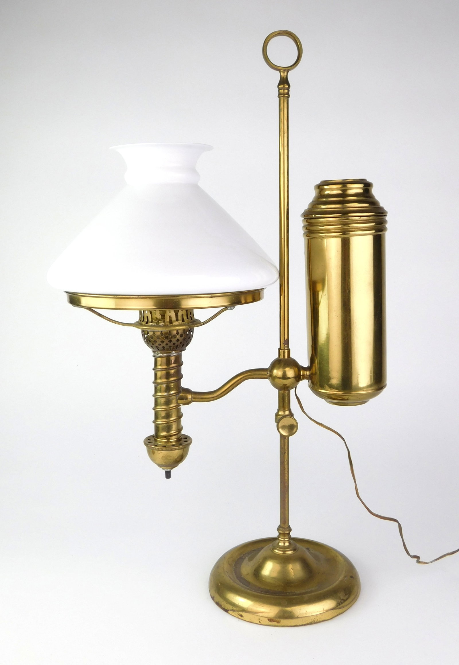 Vintage brass student lamp: single arm. 20 1/2 x 12 x 8" Provenance: Private collection- Ashtabula, OH *** PLEASE READ: IMPORTANT NOTE About S&H *** S&H of this auction will be handled by "Shipping with LiveAuctioneer