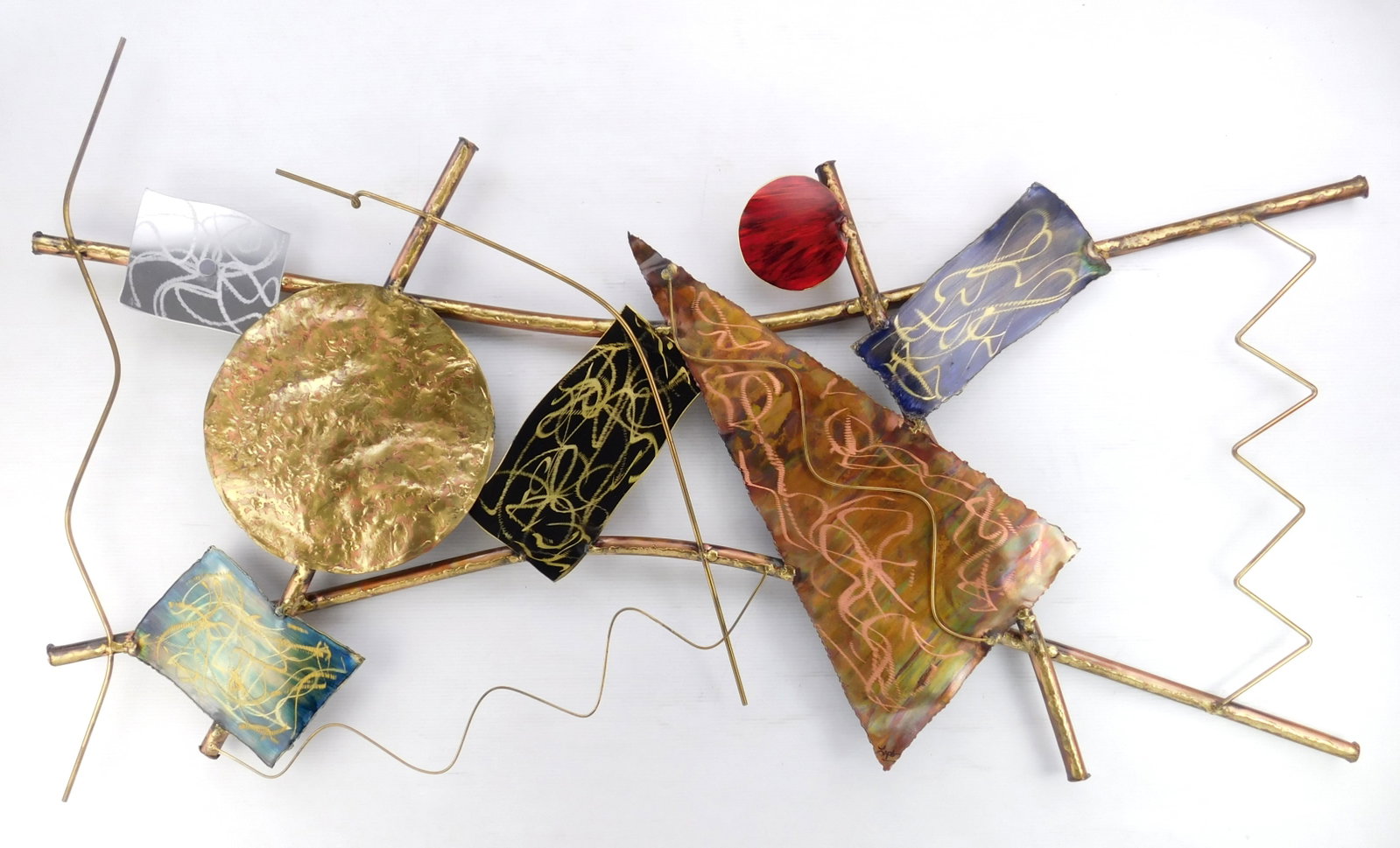 Kathleen Yano Lapso (American, 1956- ) metal sculpture: Untitled mixed metal sculpture, signed Lapso at bottom. 34 x 58 x 2 1/2" Provenance: Private collection- Strongsville, OH Acquired directly from the aritst *** PLEASE READ: IMPORTANT NOTE