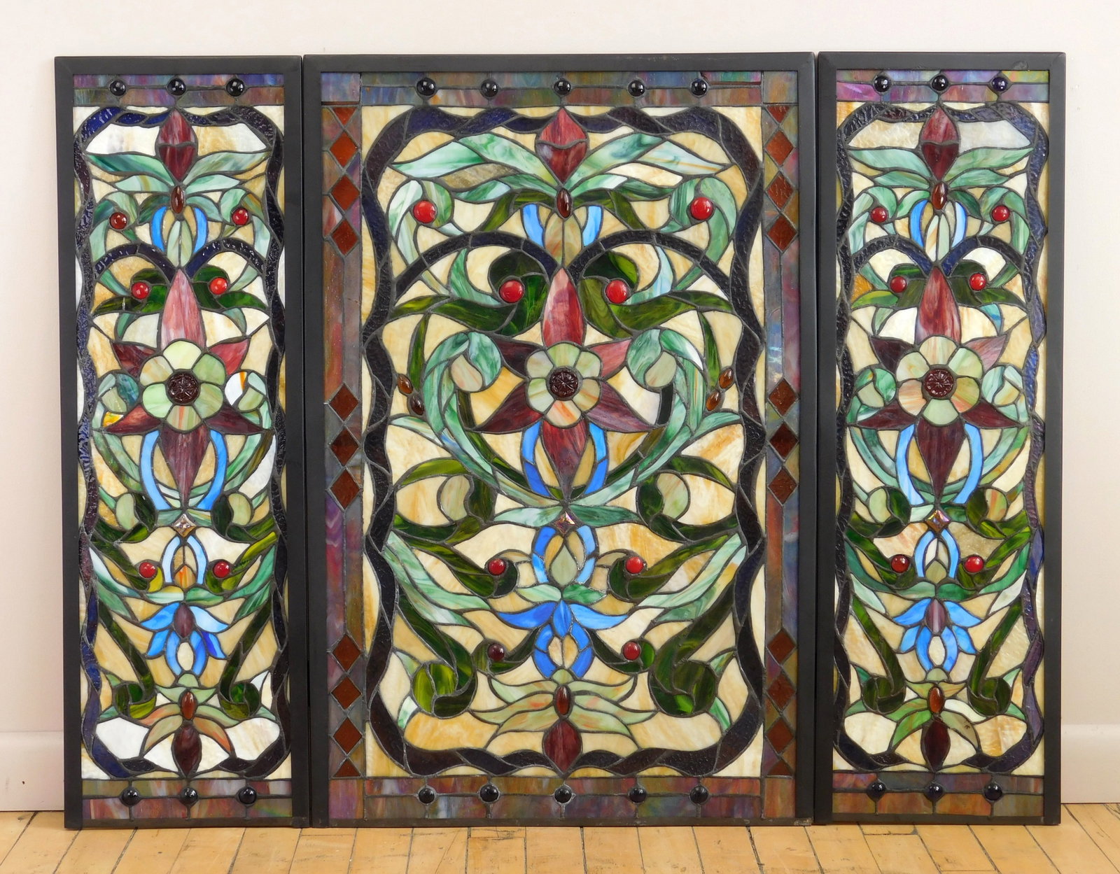 3 Way stain glass fire screen: floral design with cabochon jewels. 31 x 40 1/2" (open) Provenance: Private collection- Bay Village, OH *** PLEASE READ: IMPORTANT NOTE About S&H *** S&H of this auction will be handled by
