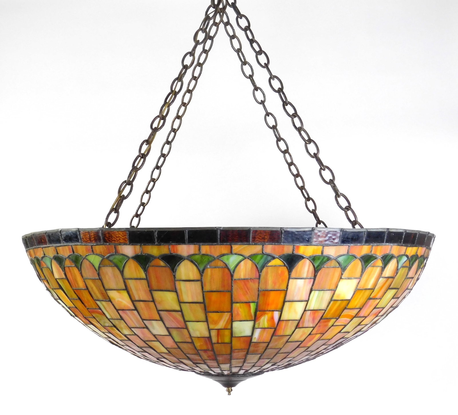 20th c. Leaded glass dome chandelier: 35" dia. 14"h Provenance: Private collection- Ravenna, OH *** PLEASE READ: IMPORTANT NOTE About S&H *** S&H of this auction will be handled by "Shipping with LiveAuctioneers" unless