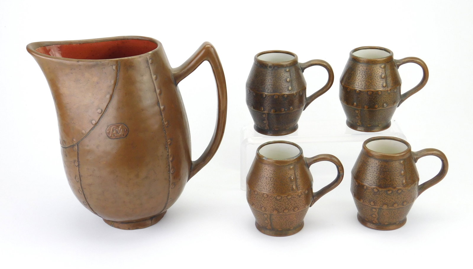 Clewell copper clad pottery pitcher and mug set (1 of 8)