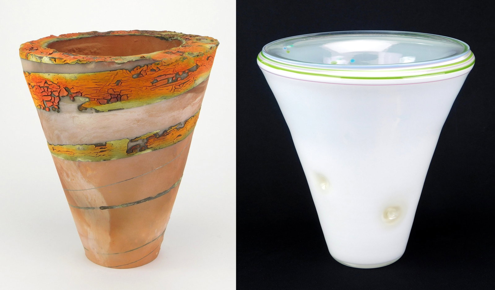 2 Robert Shay (American, 1944- ) vessels: Vases 1 glass (2 pieces) and 1 ceramic. 11 1/2 x 10 3/4" dia Provenance: A Canton area non-profit *** PLEASE READ: IMPORTANT NOTE About S&H *** S&H of this auction will be handled by