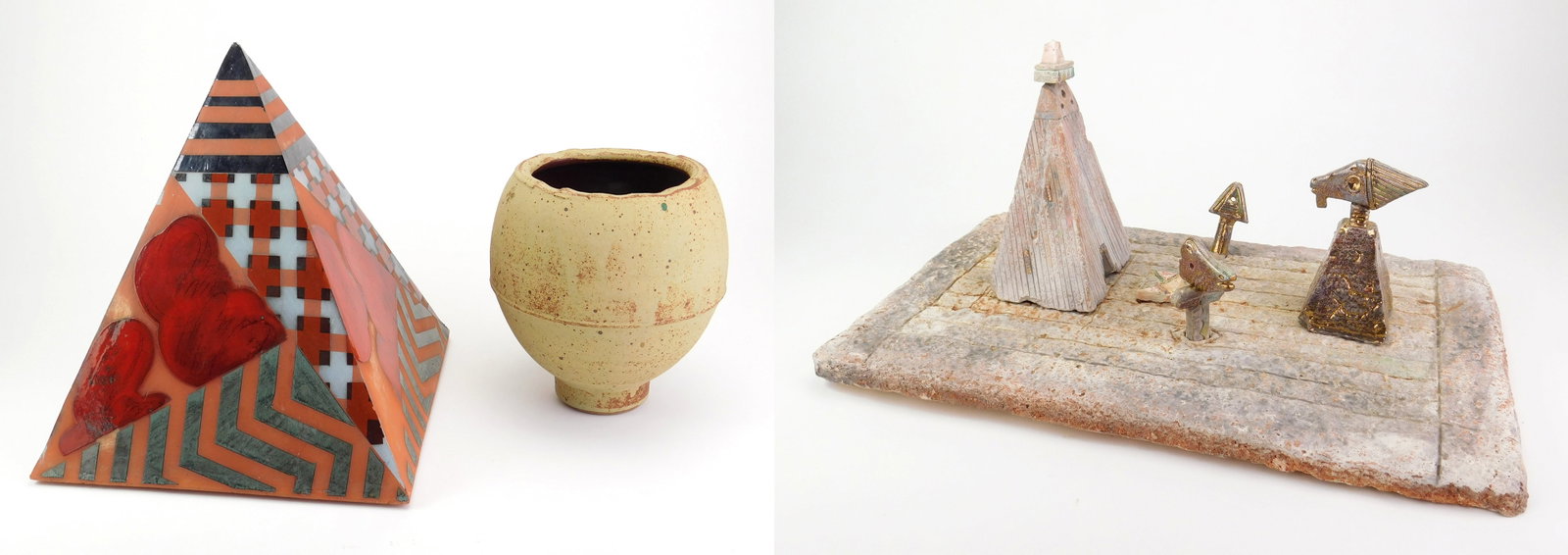 3 American ceramics: 1). Patrick Horsley- Vase- turned stoneware with cut rim, artist stamped. 8"h 2). Jens Morrison- Hamroid Tabloid- The Temple of Herpes- stoneware sculpture, 1980, signed and dated. 8