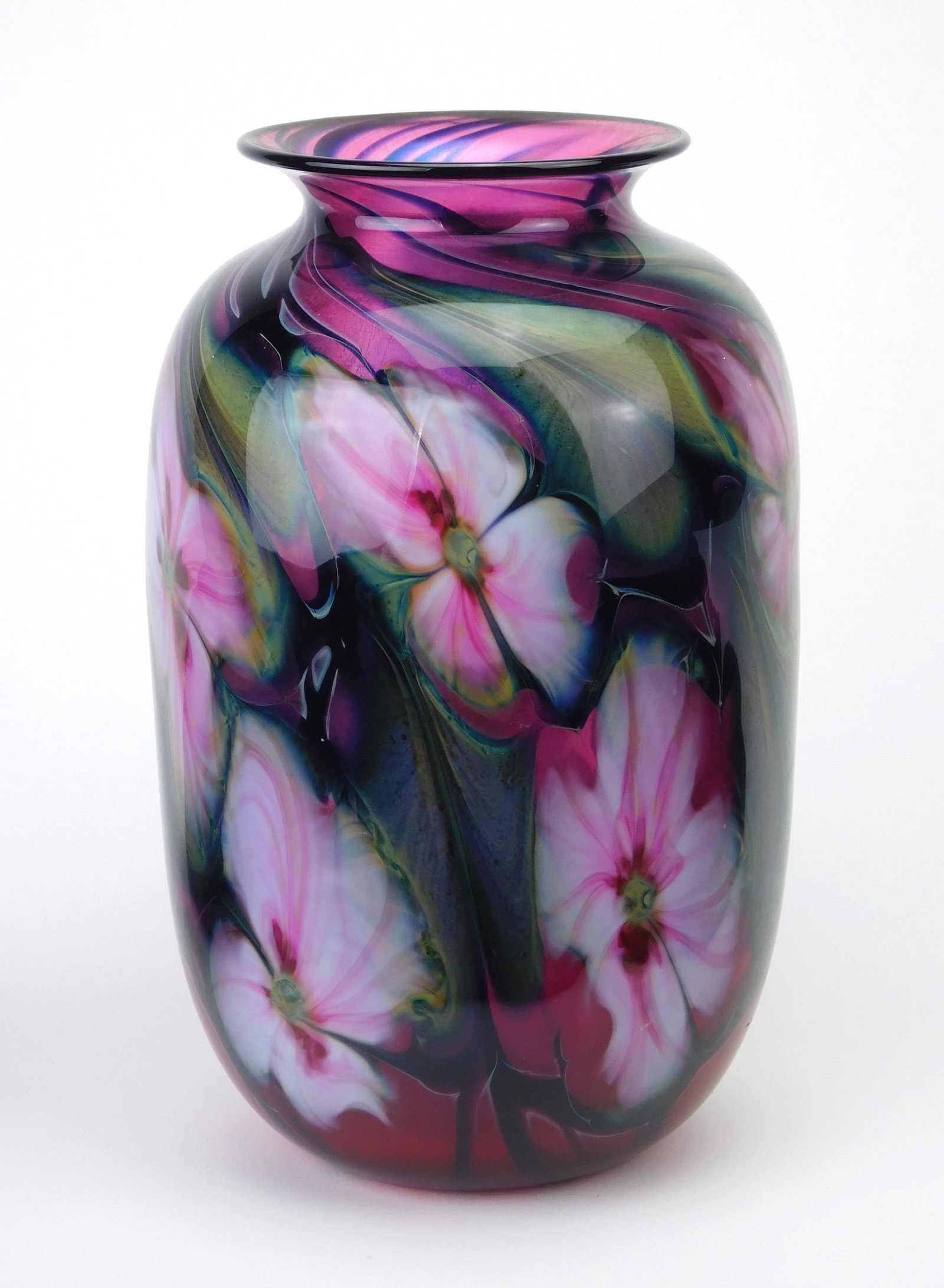 Charles Lotton (American, 1935-2021 ) Flora art glass vase: Ovoid form with flower design over purple/ pink ground, 1986, acid signed and dated Charles Lotton 1986 on base. 9 1/2"h Provenance: Private collection- Bay Village, OH *** PLEASE READ: IMPORTANT
