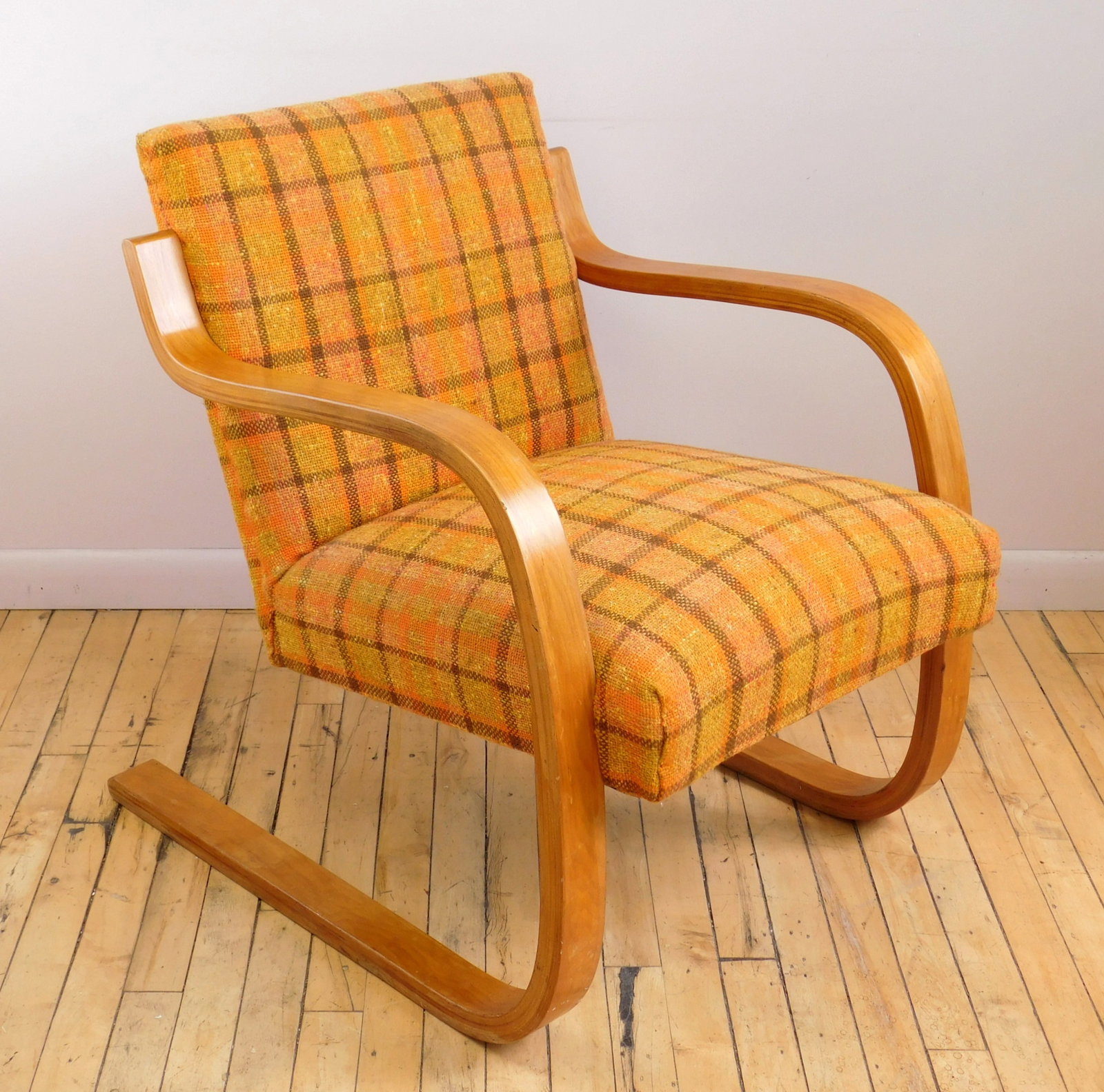 MCM arm chair: birch frame with cantilevered arms, upholstered set and back. 28 1/2 x 23 1/4 x 28" Provenance: Private collection- Ashtabula, OH *** PLEASE READ: IMPORTANT NOTE About S&H *** S&H of this