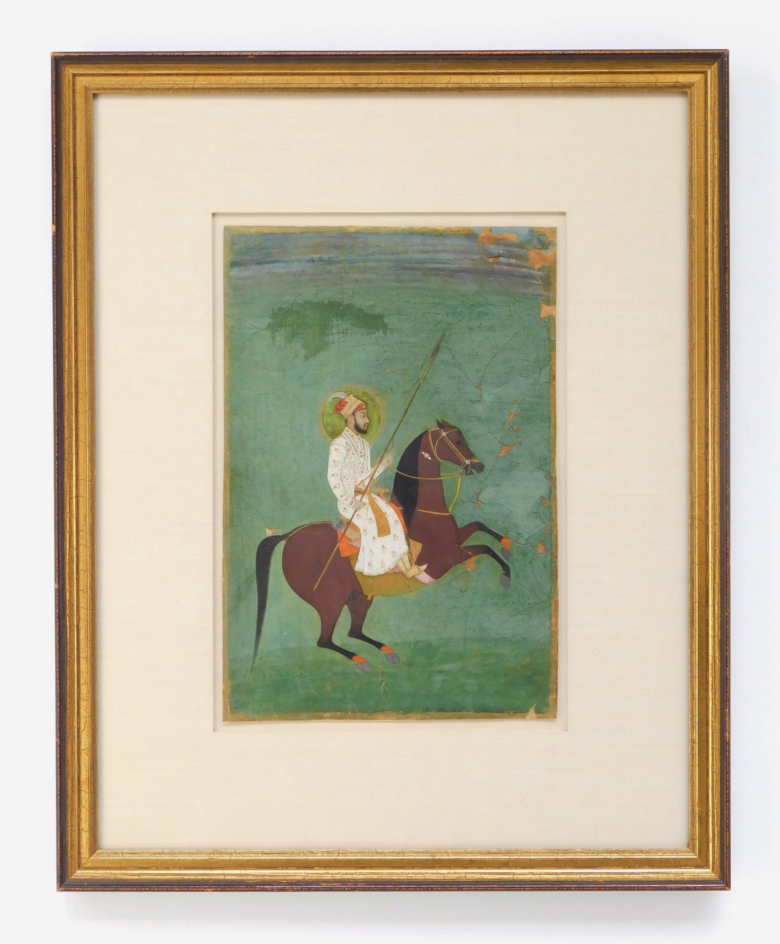 17th/ 18th c. Mughal Indian miniature painting: The Emperor Alamgir on Horseback opaque watercolor and gold on paper., matted and framed. 9 3/4 x 6 3/4" Provenance: Private collection- Bay Village, OH *** PLEASE READ: IMPORTANT NOTE Abou