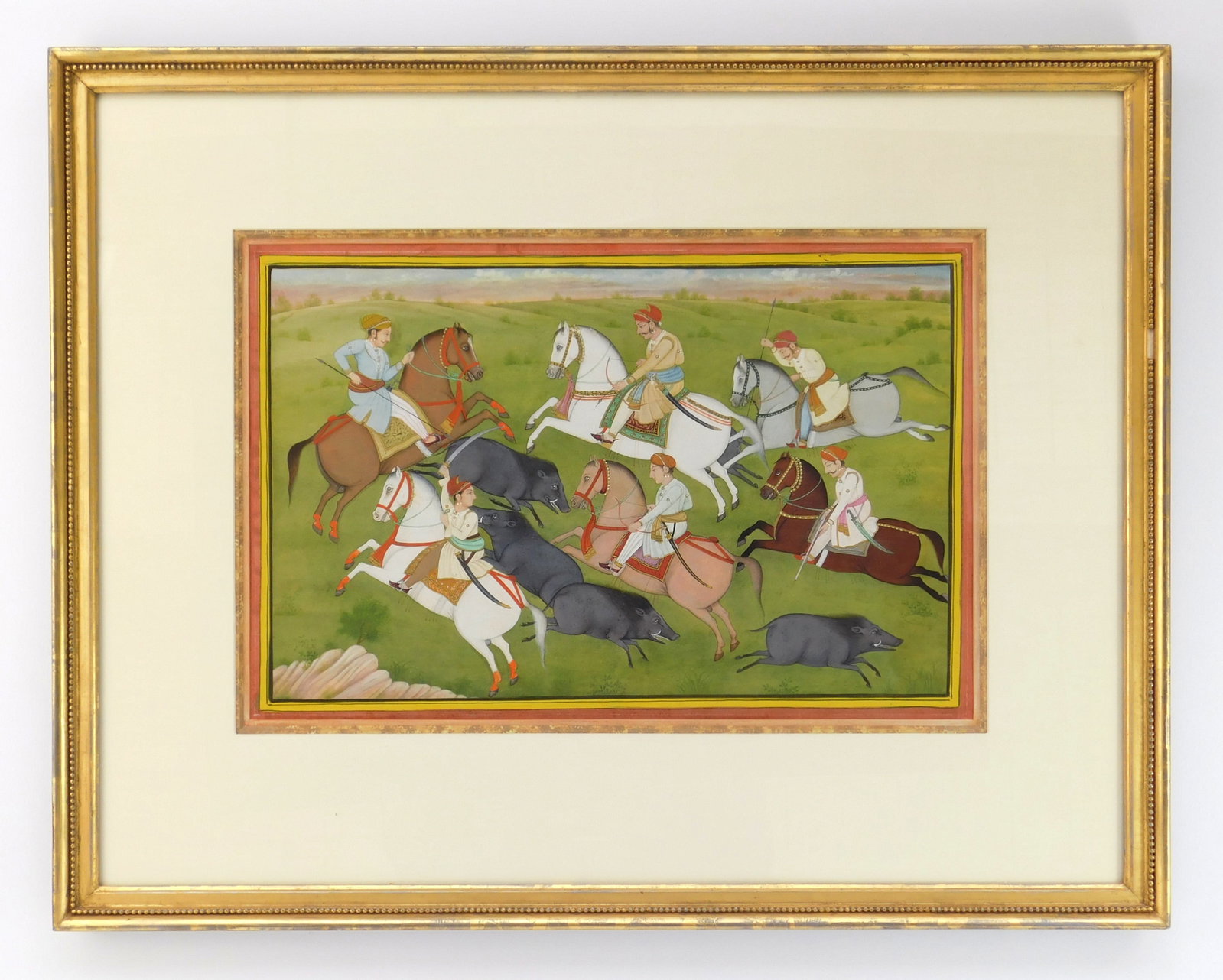 18/ 19th c. Indian opaque watercolor of a Boar Hunt: Royal Boar Hunt ink, opaque watercolor and gold on paper in the Rajasthani or Mewar style. 11 x 17 1/2" Provenance: Private collection- Bay Village, OH *** PLEASE READ: IMPORTANT NOTE About S&H *