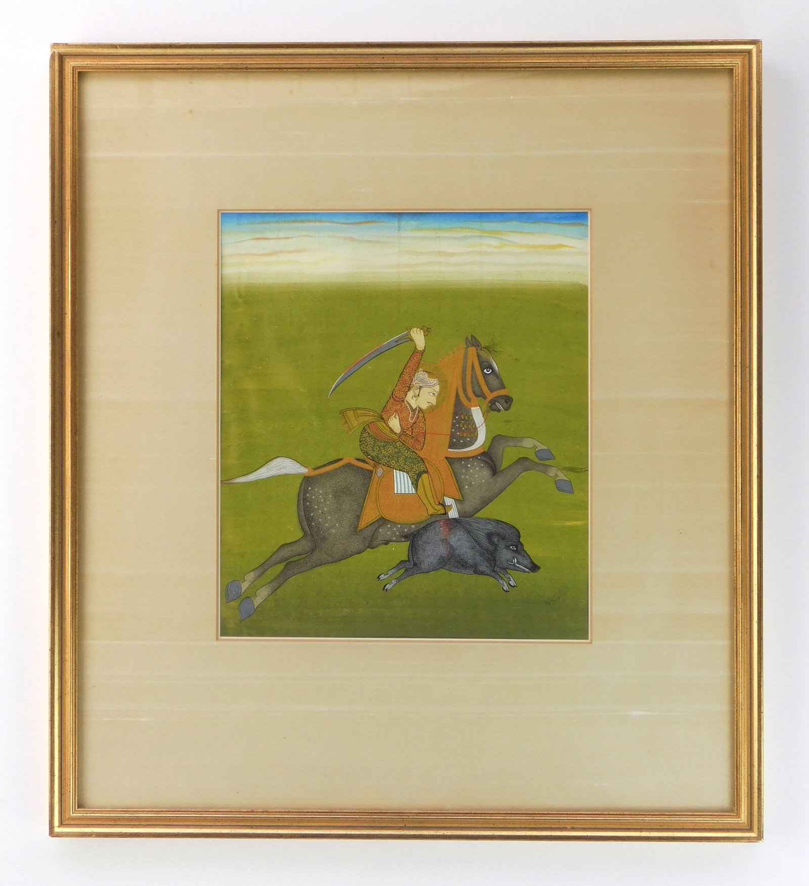 18th/ 19th c. Indian miniature painting- Rajasthani or Marwar school: Prince on a Leaping Stallion Hunting a Wild Boar opaque watercolor and gold leaf, matted and framed. 10 x 8 1/2" Provenance: Private collection- Bay Village, OH *** PLEASE READ: IMPORTANT