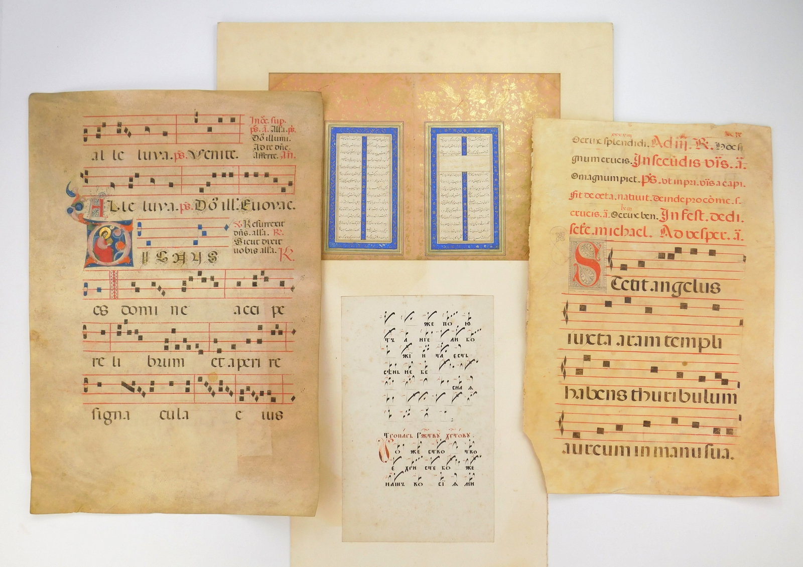 4 Manuscript pages: 1-2). 2-Illuminated musical pages, gouache with gold leaf on vellum. 22 x 15" (largest) 3). Iranian or Persian illuminated manuscript leaf-featuring calligraphic text in Nasts