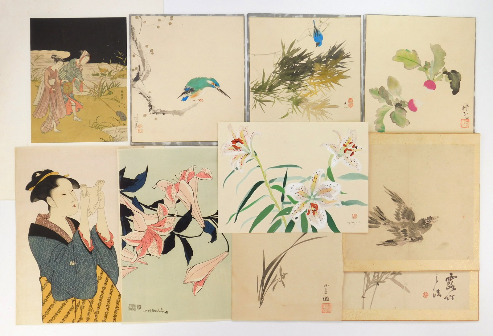 10 Asian works on paper: 3 Japanese woodblock prints, posthumous printings and 7 original works on paper depicting mostly floral and fauna, various sizes Provenance: Private collection- Avon, OH *** PLEASE READ: IMPORTANT NOT