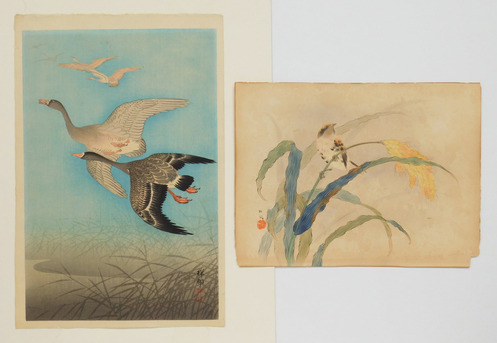 Shoson Ohara (Japanese, 1877-1945) woodblock: Wild Geese in Flight woodblock in colors, 1926, along with a Japanese work on paper of a bird on a leaf, woodblock is adhered in 4 areas to bottom mat. 14 1/4 x 9 3/8'' Provenance: Private col