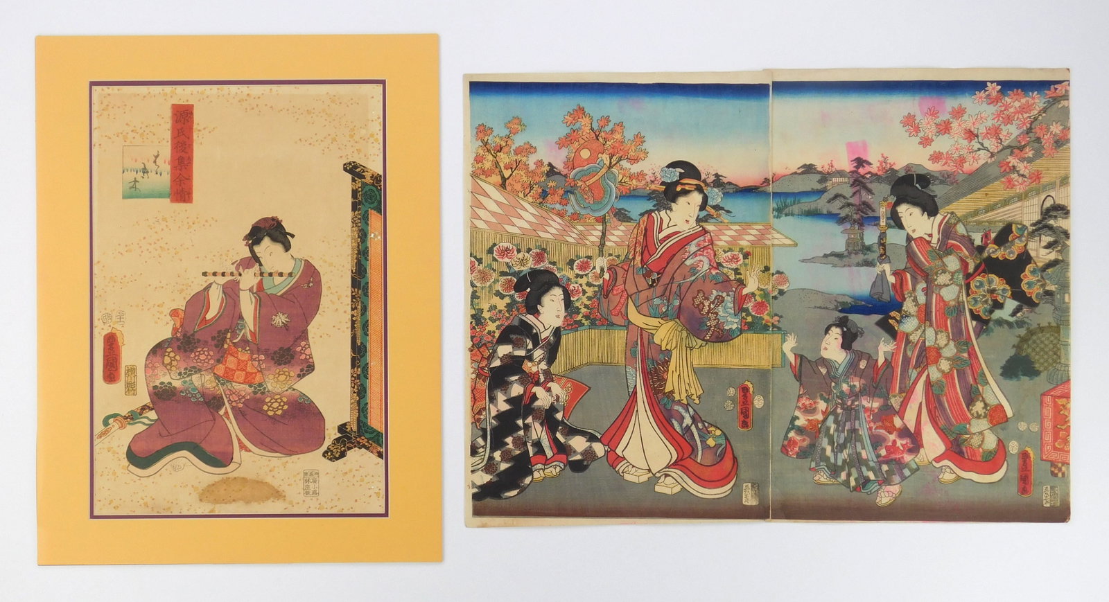 after Toyokuni III (Kunisada( Utagawa (Japanese, 1786-1865) woodblocks: Hahakigi- woodblock in color, 1857, only left panel, from the series "Lasting Impressions of a Late Genji Collection" (Genji goshu yojo) [pun on The Fifty-four Chapters of the Tale of Genji 