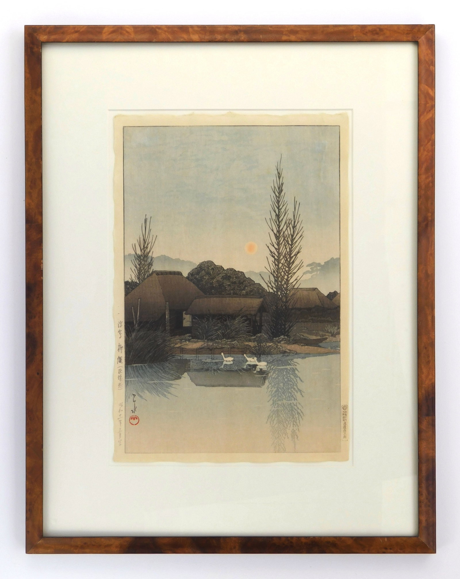 Hasui Kawase (Japanese, 1883-1957) woodblock: Yanaginawa, Ukishima woodblock in colors, 1936, published by The Watanabe Color Print Co, matted and framed. 14 1/8x 9 1/2" Provenance: Private collection- Bay Village, OH *** PLEASE R