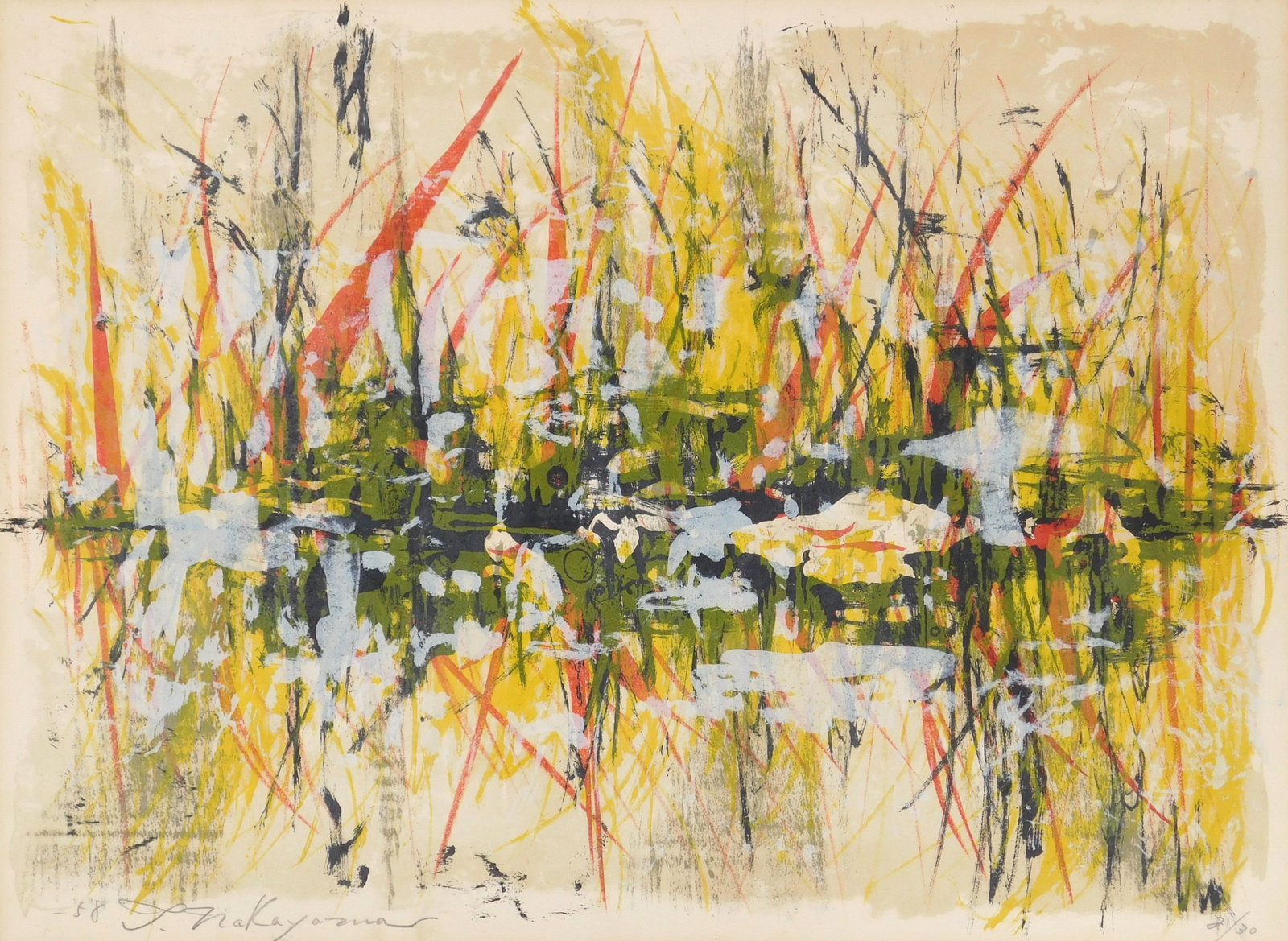 Tadashi Nakayama (Japanese, 1927-2014) woodbock: Untitled woodblock in colors, 1958, signed, dated and numbered 2/30 in pencil. Provenance: Private collection- Avon Lake, OH Howard Hollis- Cleveland Heights, OH *** PLEASE READ: IMPORTANT NOTE