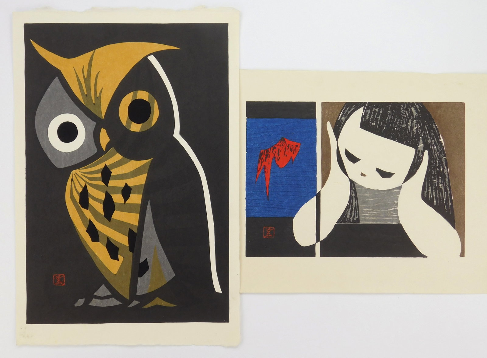 2 Kiyoshi Saito (Japanese, 1907-1997) woodblocks: Girl with Red Fish & Owl 2 woodblocks in color. 11 x 17" ea. (sheet) Provenance: Private collection- New York, NY *** PLEASE READ: IMPORTANT NOTE About S&H *** S&
