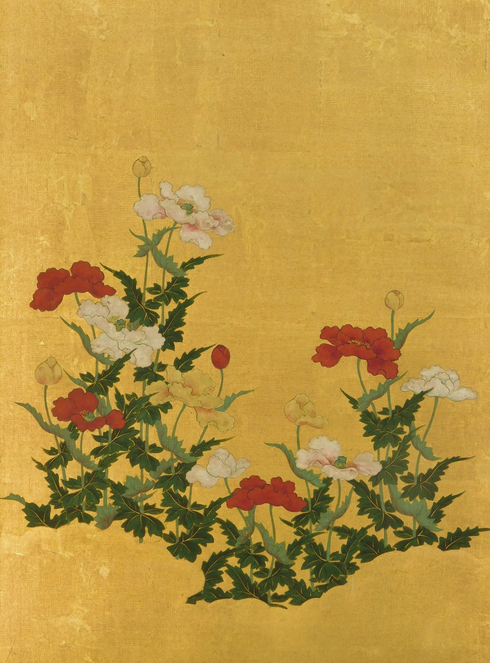 Japanese Meiji period painting on gold ground: Red and white flowers on gold leaf ground, matted and framed. 14 3/4 x 10 3/4" Provenance: Private collection- Cleveland, OH *** PLEASE READ: IMPORTANT NOTE About S&H *** S&H of this 