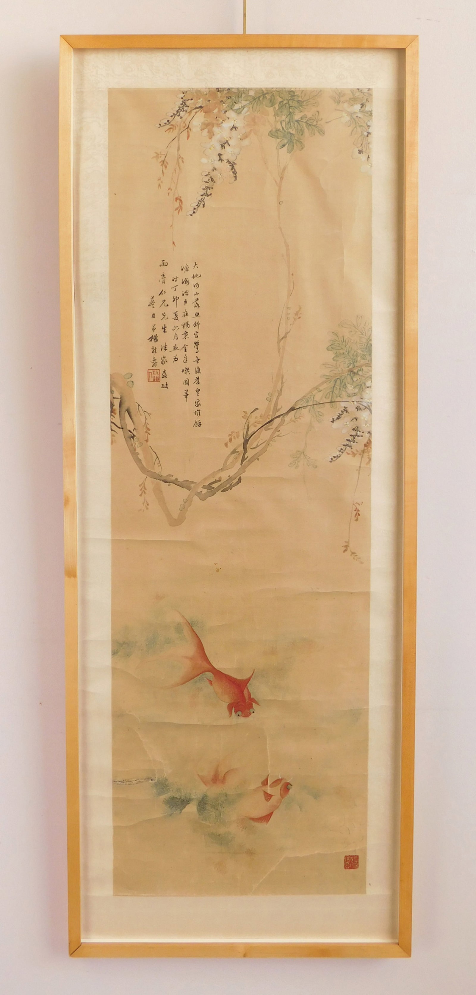19th c. Asian hanging scroll: Gold Fish Swimming under Willow Tree ink wash on silk with a poem and artist's seal marks, framed. 40 1/4 x 12 3/4" Provenance: Private collection- Bay Village, OH *** PLEASE READ:
