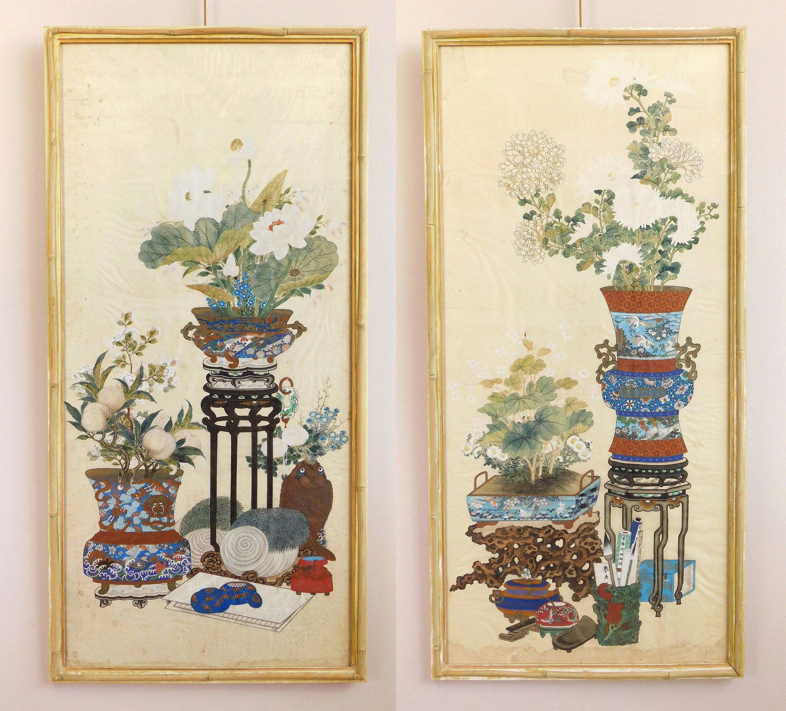 2 Chinese silk paintings depicting scholar’s object: possibly late Qing dynasty, style known as baquhua. 43 x 20” ea. Provenance: Private collection- Bay Village, OH *** PLEASE READ: IMPORTANT NOTE About S&H *** S&H of this auction will be ha