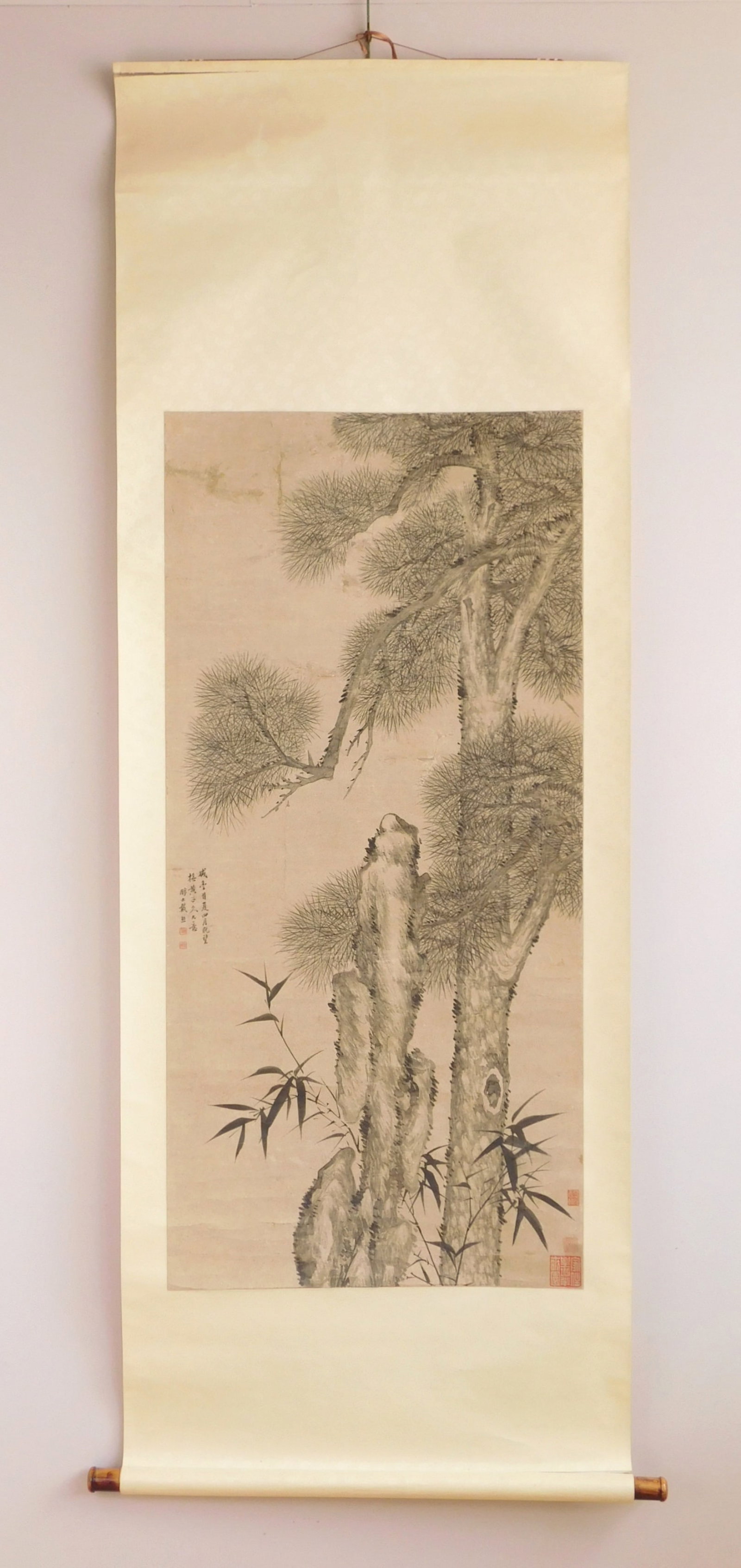Chinese ink wash hanging scroll: Landscape with Pine Tree, Rocks and Bamboo ink and wash on paper mounted to silk. 51 x 24 1/2" Provenance: Private collection- Bay Village, OH *** PLEASE READ: IMPORTANT NOTE About S&H