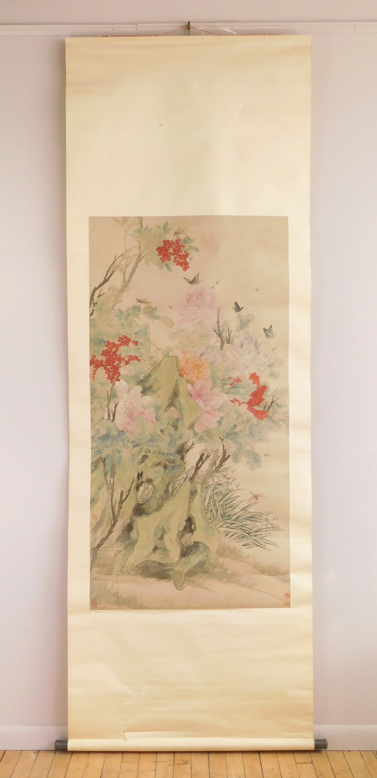 Chinese ink wash hanging scroll: Rocks, Flowers and Butterflies ink and wash on silk. 52 x 26 1/2" Provenance: Private collection- Bay Village, OH *** PLEASE READ: IMPORTANT NOTE About S&H *** S&H of this auction