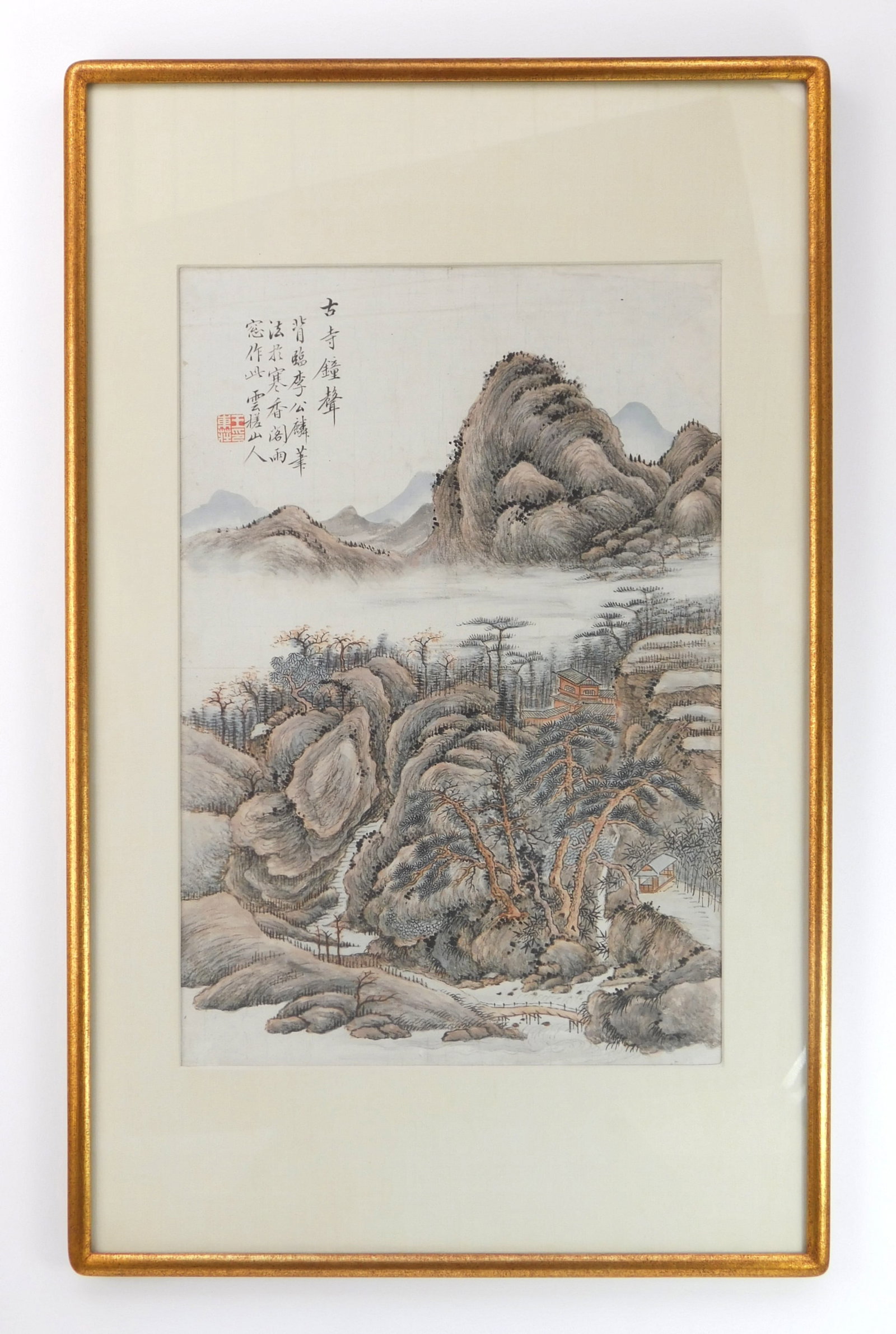 Chinese landscape watercolor painting,: likely an album leaf, possibly attributed to the artist Wang Hui (1632- 1717) or from the Qing Dynasty period, matted and framed. 17 x 11 1/2" Provenance: Private collection- Bay Villa