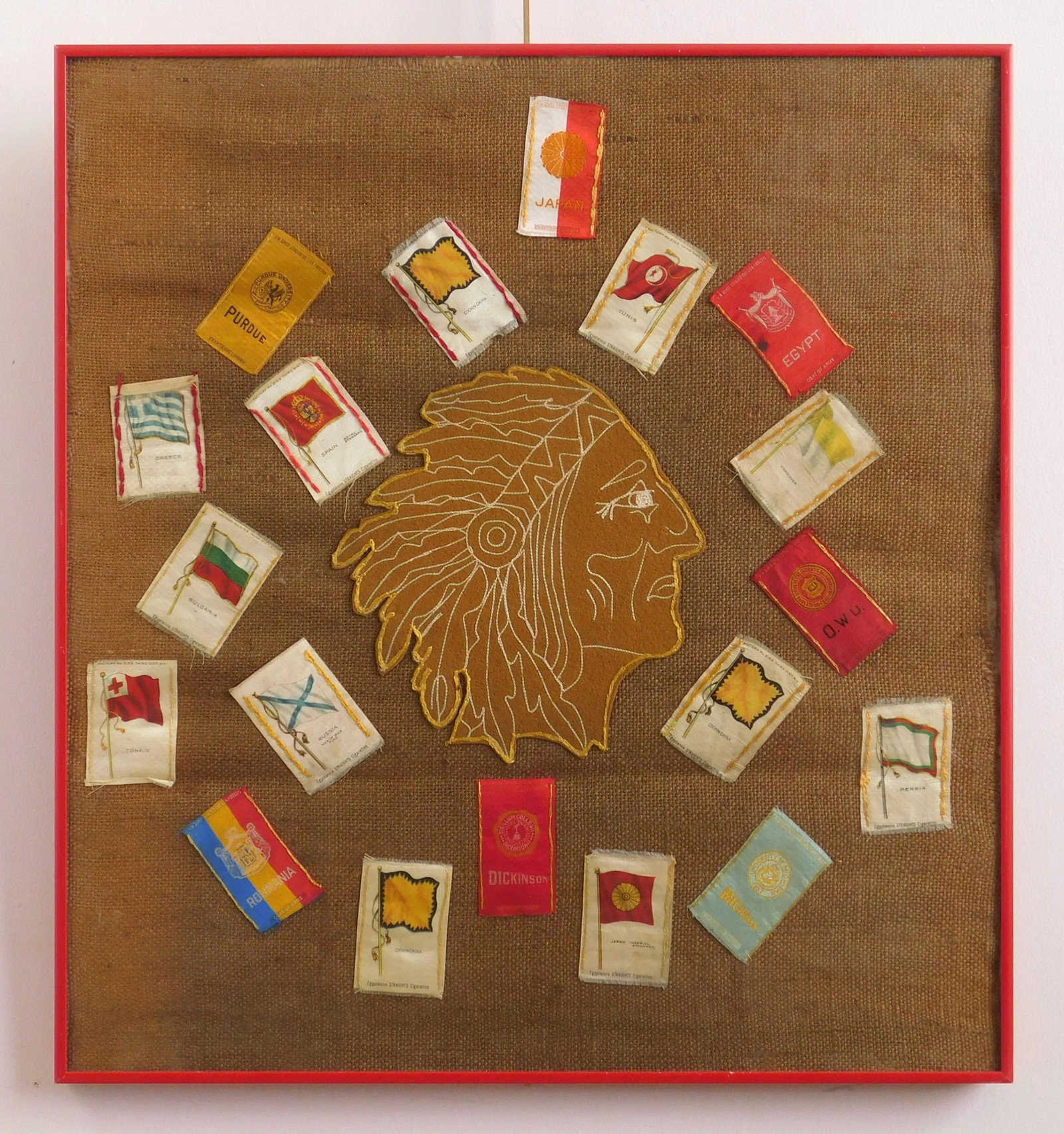 Collection of 19 tobacco silks: mounted on burlap arranged around a felt profile of a Native American, ca. 1910'2, Egyptieene Straights. 20 12 x 20" Provenance: Private collection- Brimfield, OH *** PLEASE READ: IMPOR
