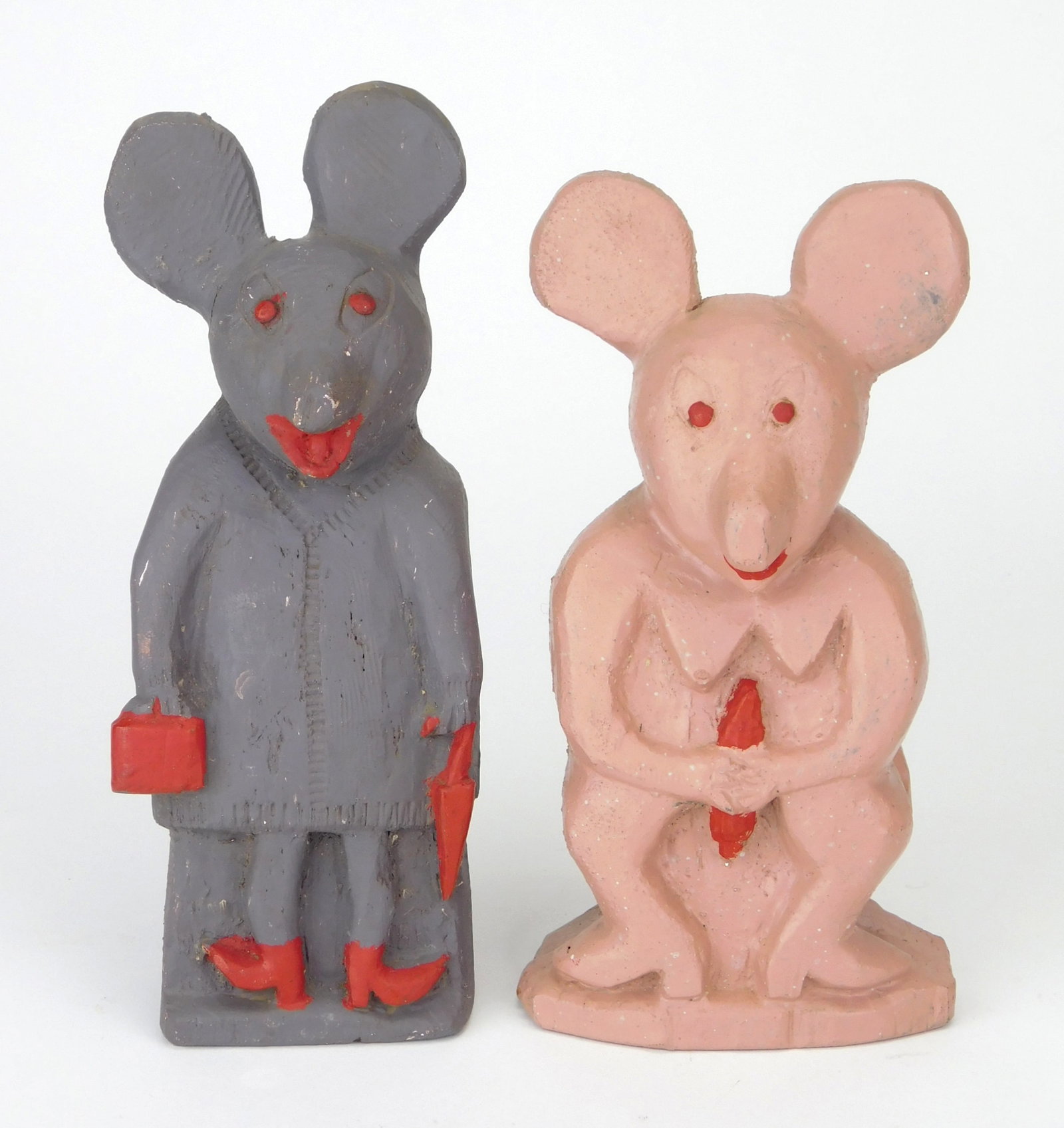 2 Silvio Zoratti (Italian./American, 1896-1992) carvings: Two Mice 2 carved and polychromed mice, 1970, both stamped on bottom Made by/ S. P./ Zoratti/ 1970. 7 3/4; 7" Provenance: By descent through the family Estate of the artist *** PLEASE