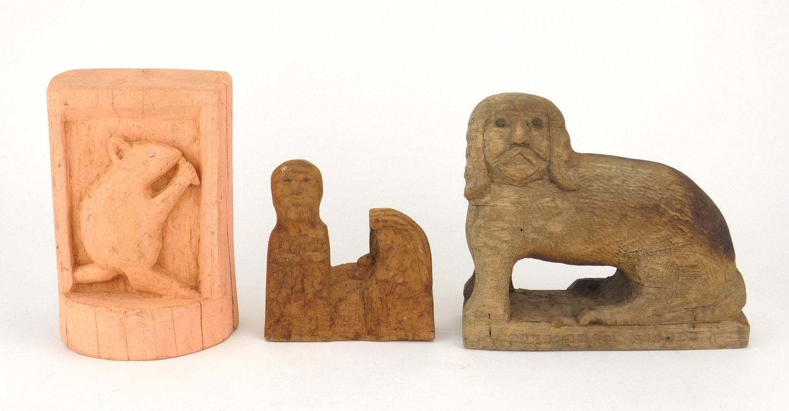 3 Silvio Zoratti (Italian/ American, 1896-1992) carvings: 1). Sphynx- carved wood sculpture with tack eyes, 1968, stamped Made By/ S. P. Zoratti/ 1968 on bottom. 2). Couple/ Mouse- carved and painted wood sculpture, 19