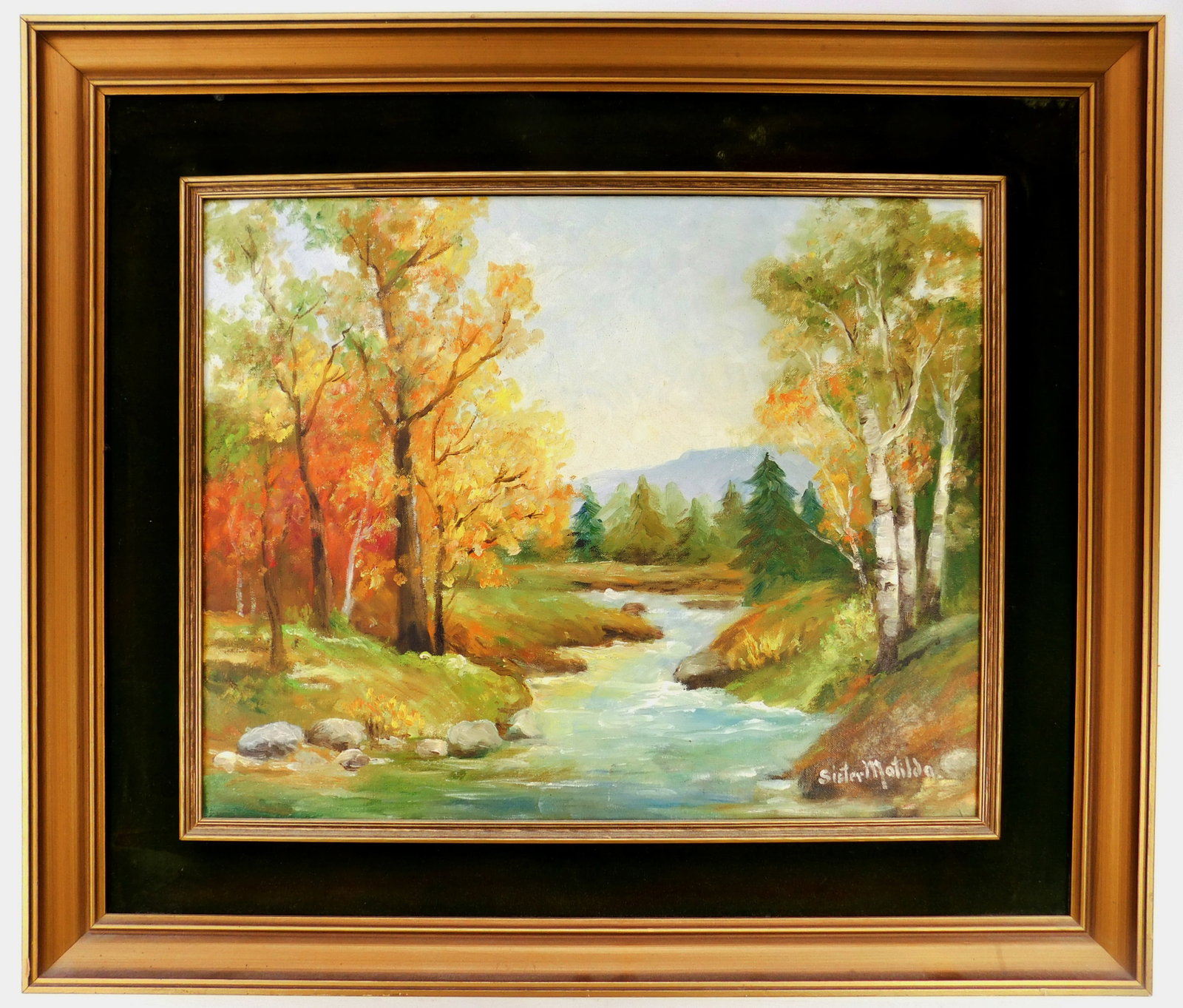Sister Matilda (Caroline Bechter) (American, 1887-1980) oil: Fall Landscape with Stream oil on canvas board, signed Sister Matilda lower right, framed. 16 x 20"
