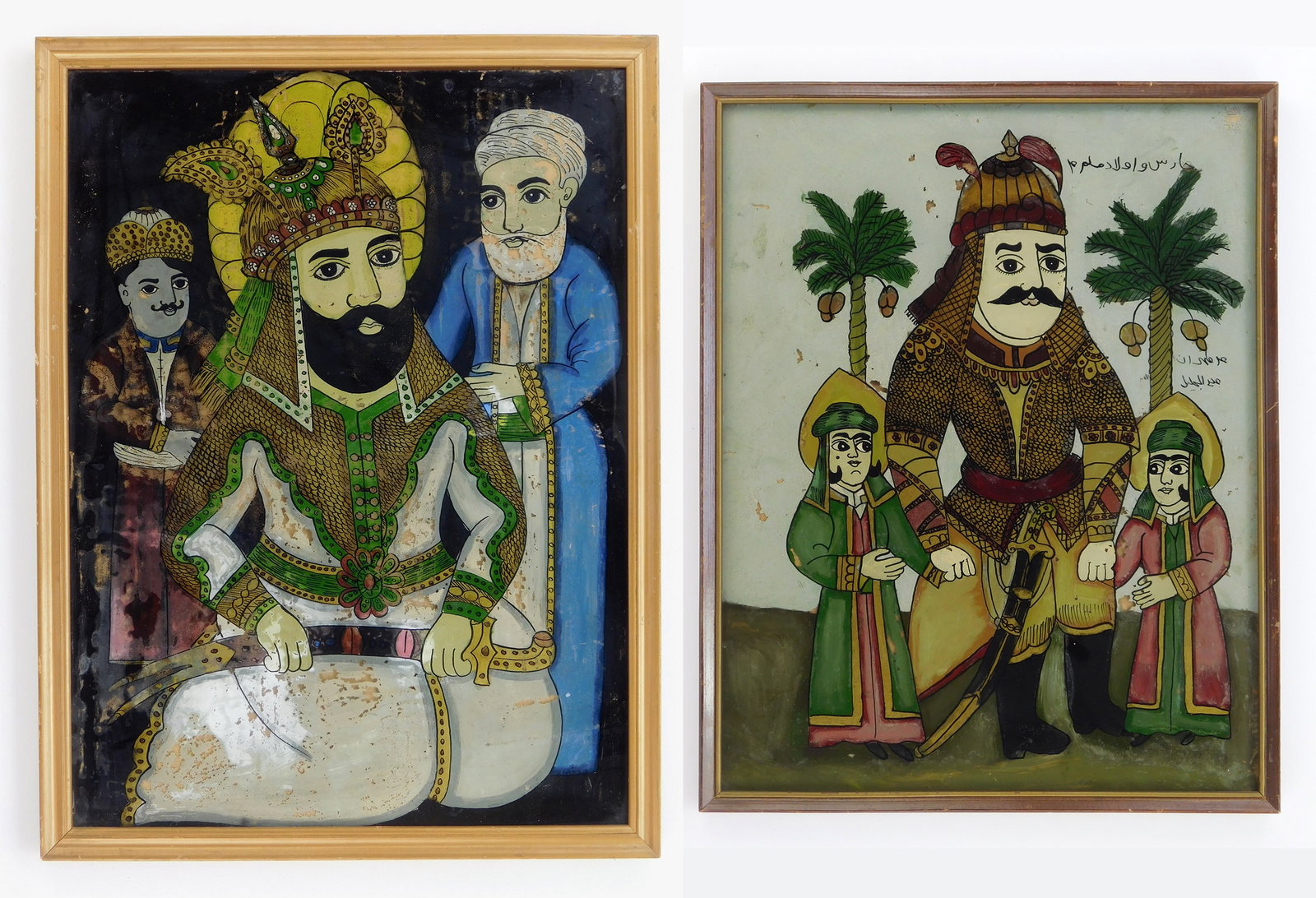 2 Iranian reverse paintings on glass: 1). Shah and Attendants- reverse painting on glass, framed. 19 x 14" 2). Warrior flanked by Two Figures- reverse painting on glass, framed. 17 1/2 x 13 1/2" Provenance: Private coll