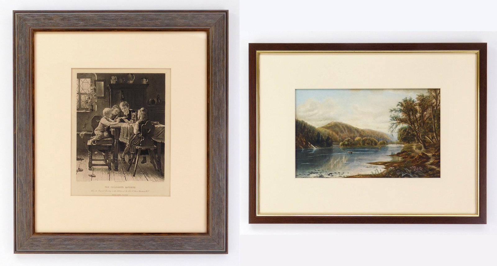 2 Prints- after George Barrie and Edmond D. Lewis: 1). after Meyer von Bremen- The Children's Favorite- engraving, published by George Barrie and engraved by Goupil and Co, matted and framed. 8 1/2 x 7" 2). after Edmund D. Lewis