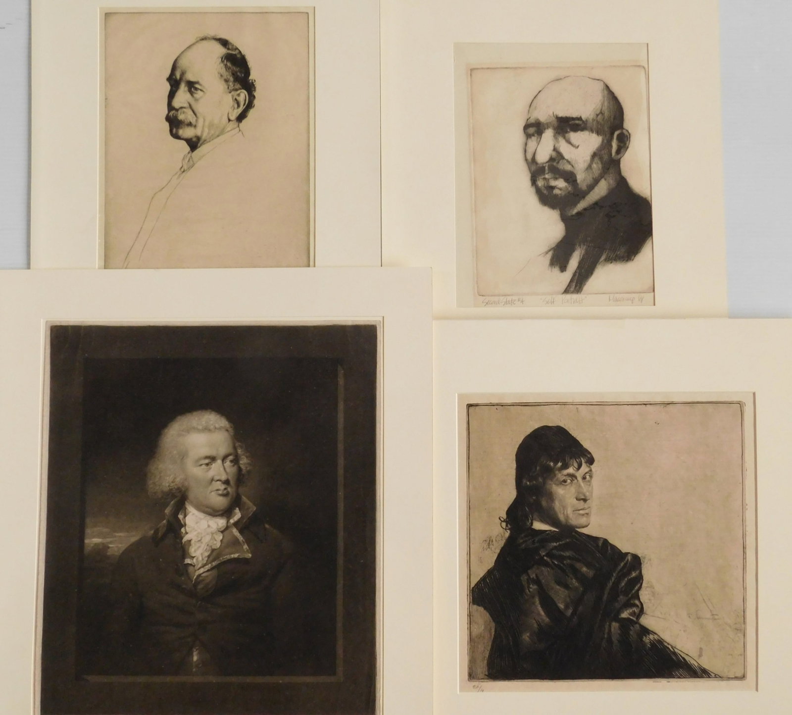 4 European prints- Green, Mitchell, Schmutzer and Strang: 1.) after Lemuel Francis Abbott- Valentine Green- mezzotint. 2.) M. Mitchell- Self-Portrait- etching, signed in pencil. 3.) Ferdinand Schmutzer- Josef Kainz- etching, signed in the plate. 4.) William