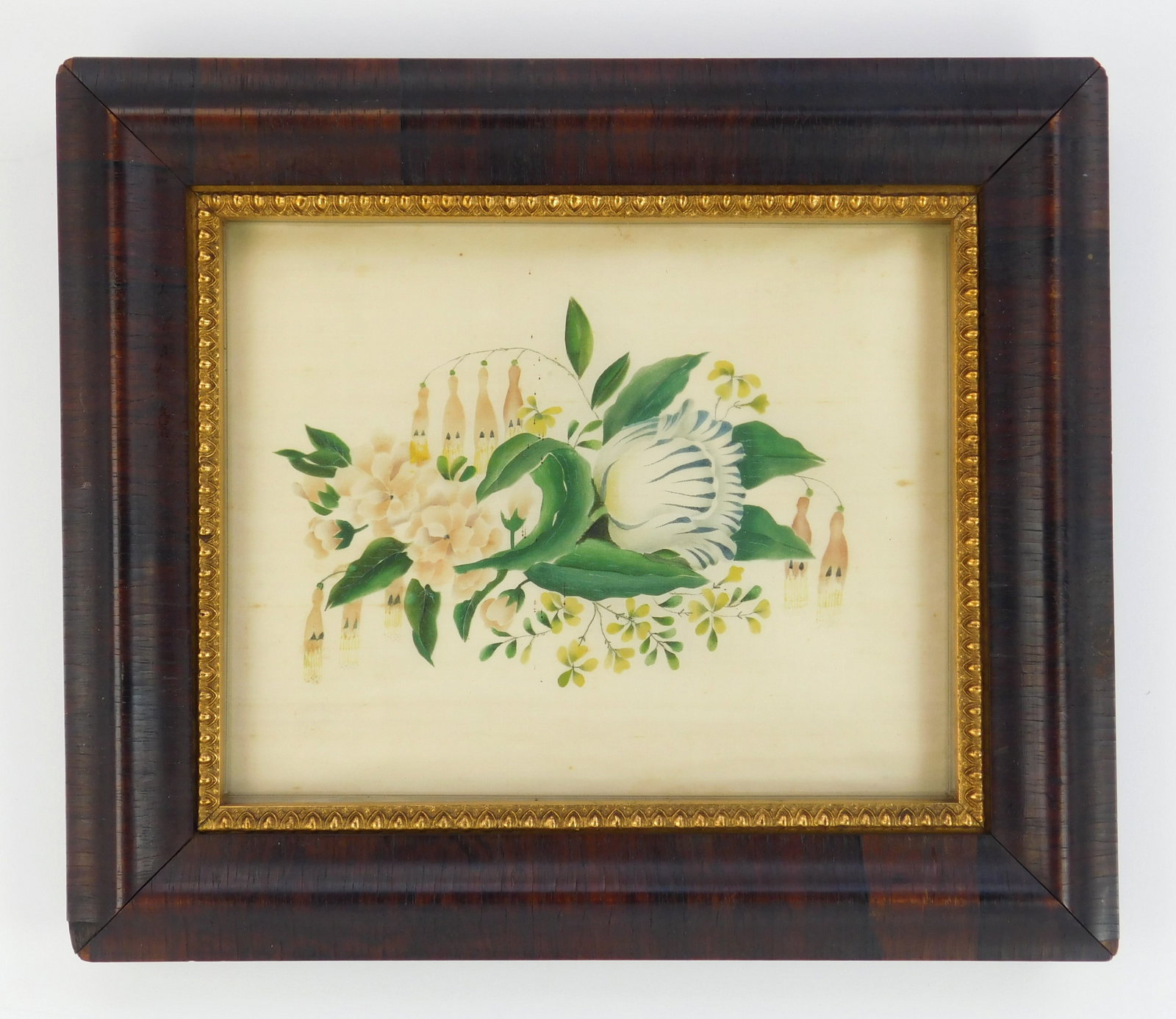 19th c. American School theorem: Floral Study painting on silk, framed. 7 x 8 1/2" Provenance: Private collection- Bay Village, OH *** PLEASE READ: IMPORTANT NOTE About S&H *** S&H of this auction will be handled by