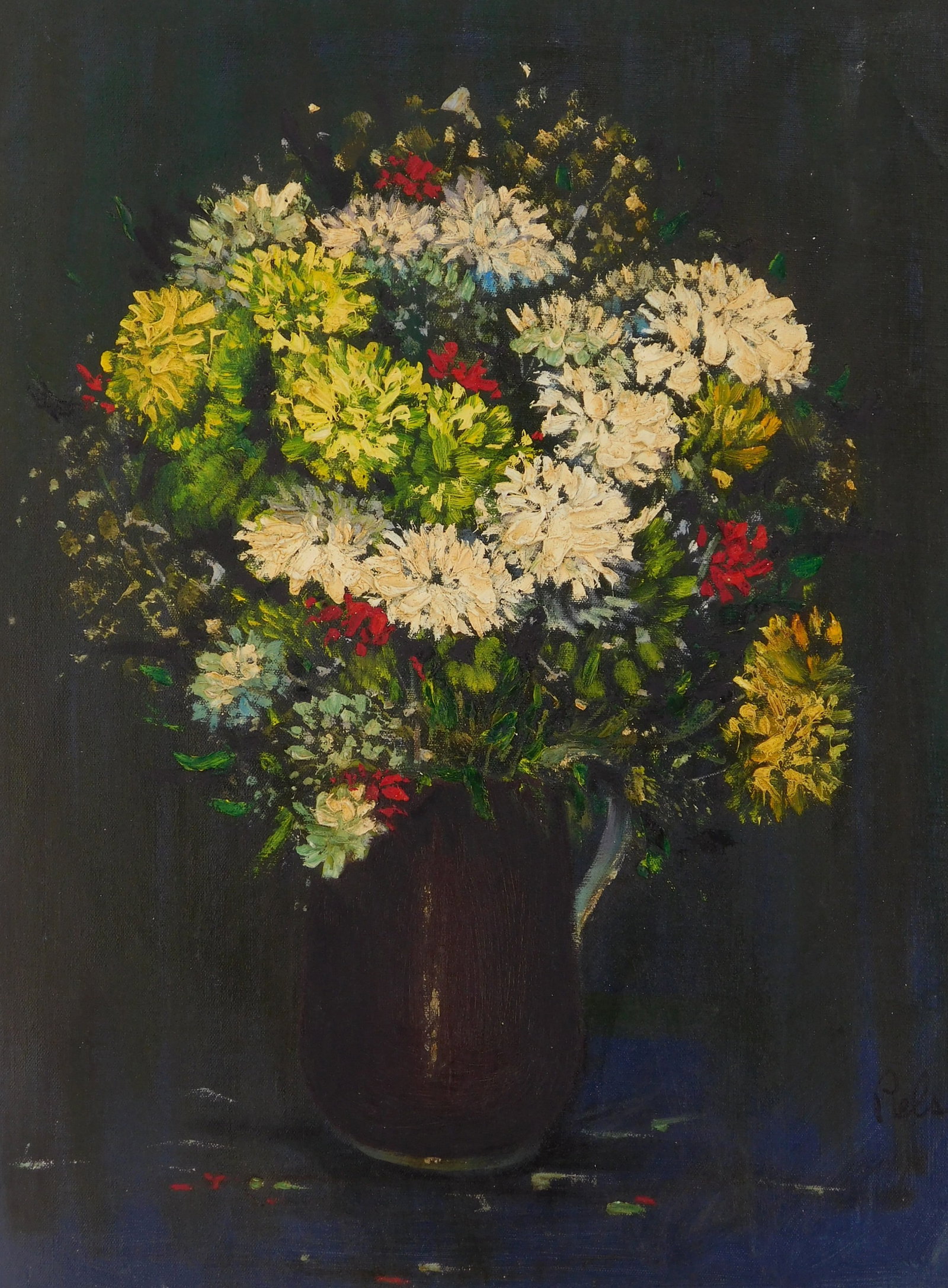 Albert Pels (American 1910-1998) oil: Floral Still Life in Brown Pitcher oil on canvas (unstretched), signed Pels lower irght, 18 x 13 1/2" Provenance: Private collection- New York, NY; By descent estate of the artist. **