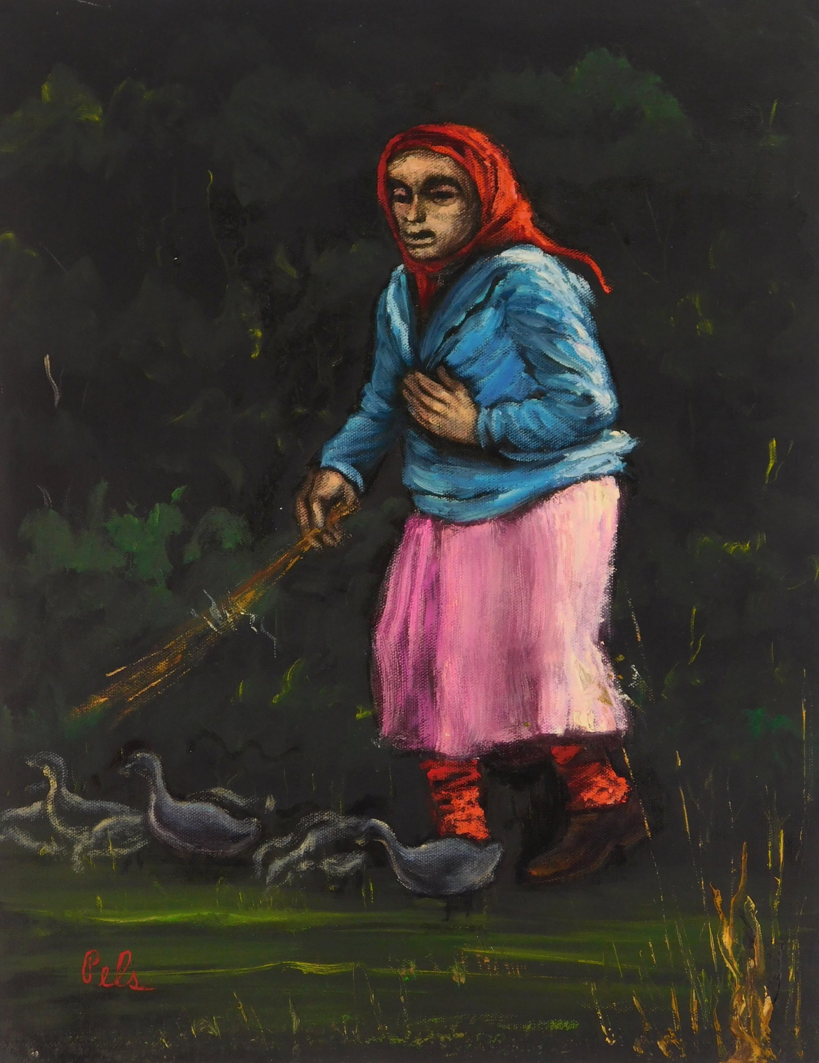Albert Pels (American 1910-1998) oil: Keeper of the Ducks Oil on canvas (unstretched), signed Pels lower left. 18 x 14" Provenance: Private collection- New York, NY; By descent estate of the artist. *** PLEASE READ: