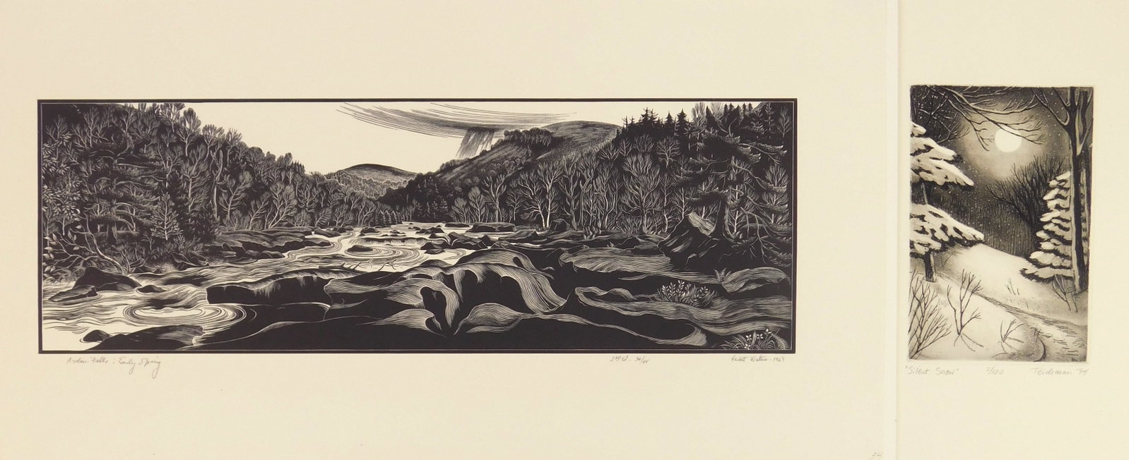 2 American prints: 1). Mary Teichman (American, 1954)-Silent Snow- etching, 1994, signed, dated, titled and numbered 2/100 in pencil. 5 3/4 x 3 7/8" 2). Herbert Waters (American, 1903-1996)- Arden