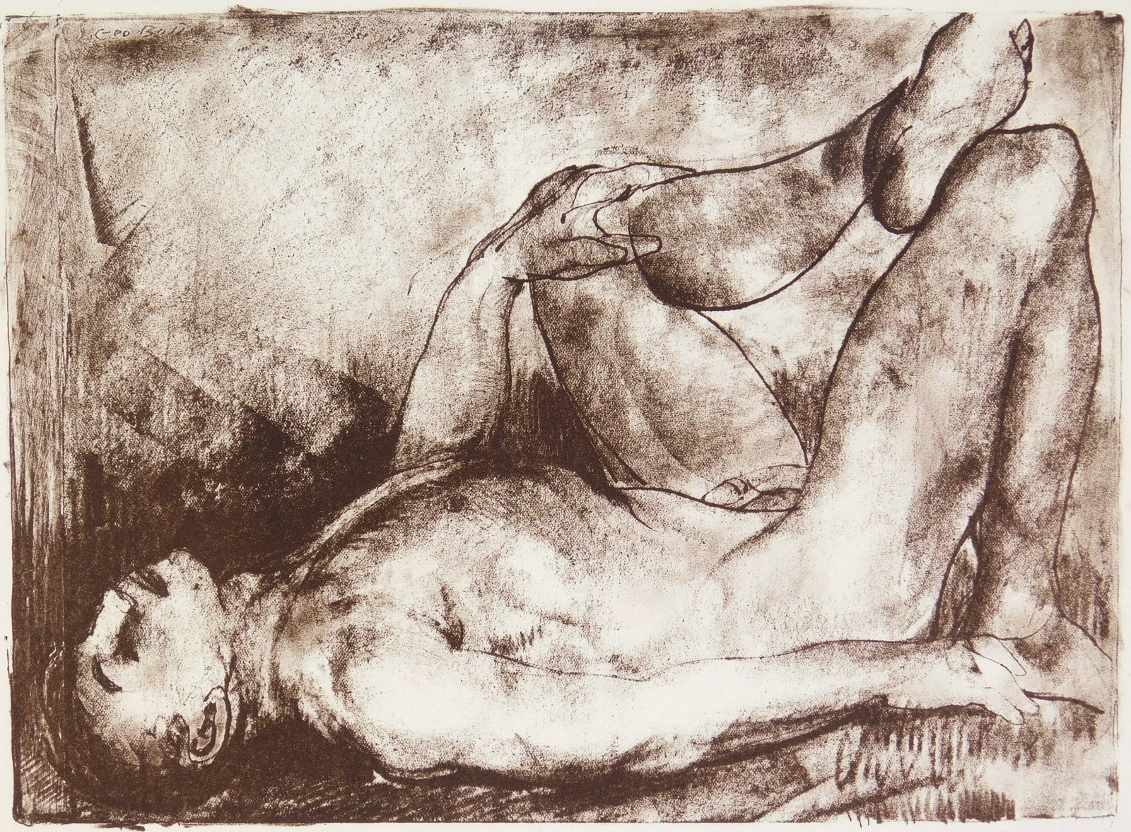 George Bellows (American, 1882-1925) lithograph: Man on His Back, Nude lithograph, ca. 1916, estate signed 'George Bellows/ J. B. B' and numbered 8 in pencil, edition of 19. 8 1/2 x 11 3/4'' Literature: Mason 3B Provenance: Private c