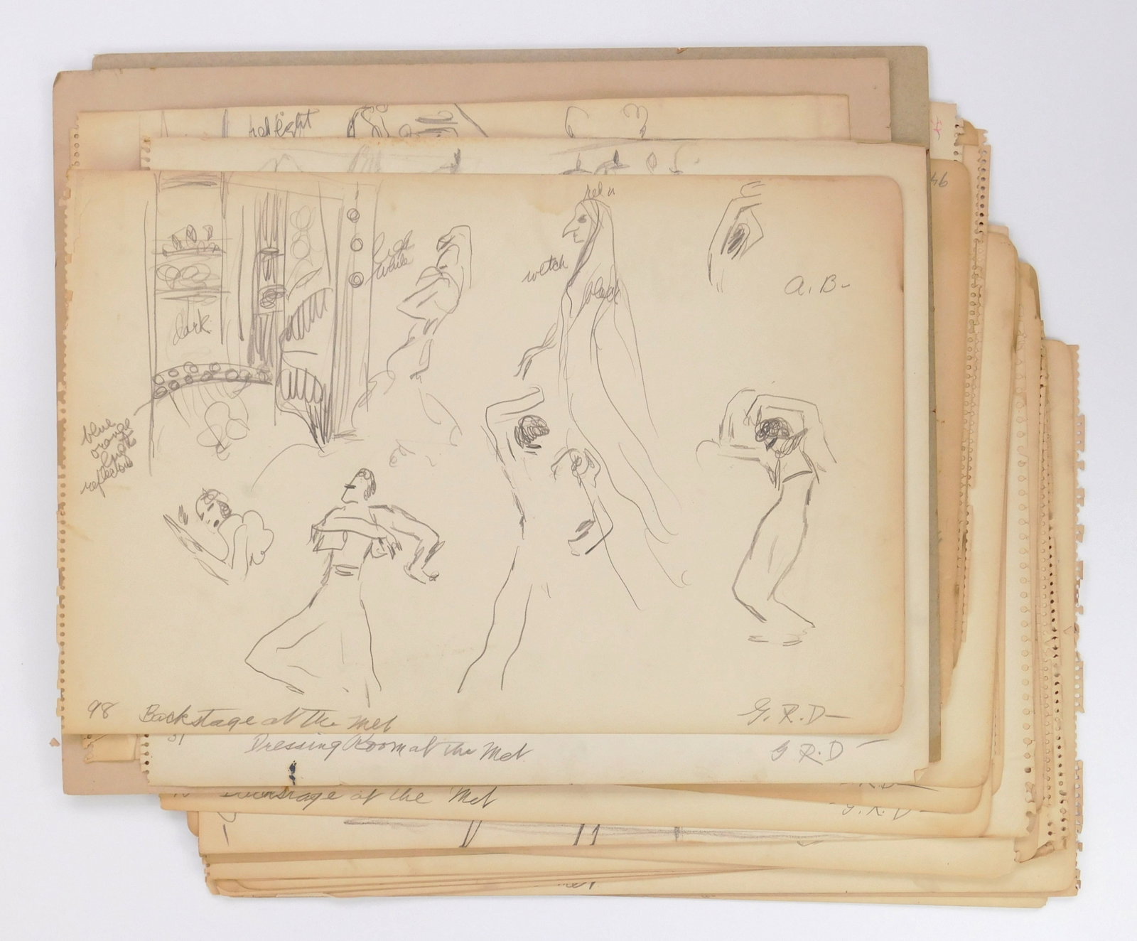 40 Gladys Rockmore Davis (American, 1901-1967) graphite studies: Backstage- Metropolitan Opera 40 graphite studies on paper, almost all initialed G.R.D in pencil. 13 3/4 x 17 3/4" (largest sheet) Provenance: Private collection- Cleveland, OH