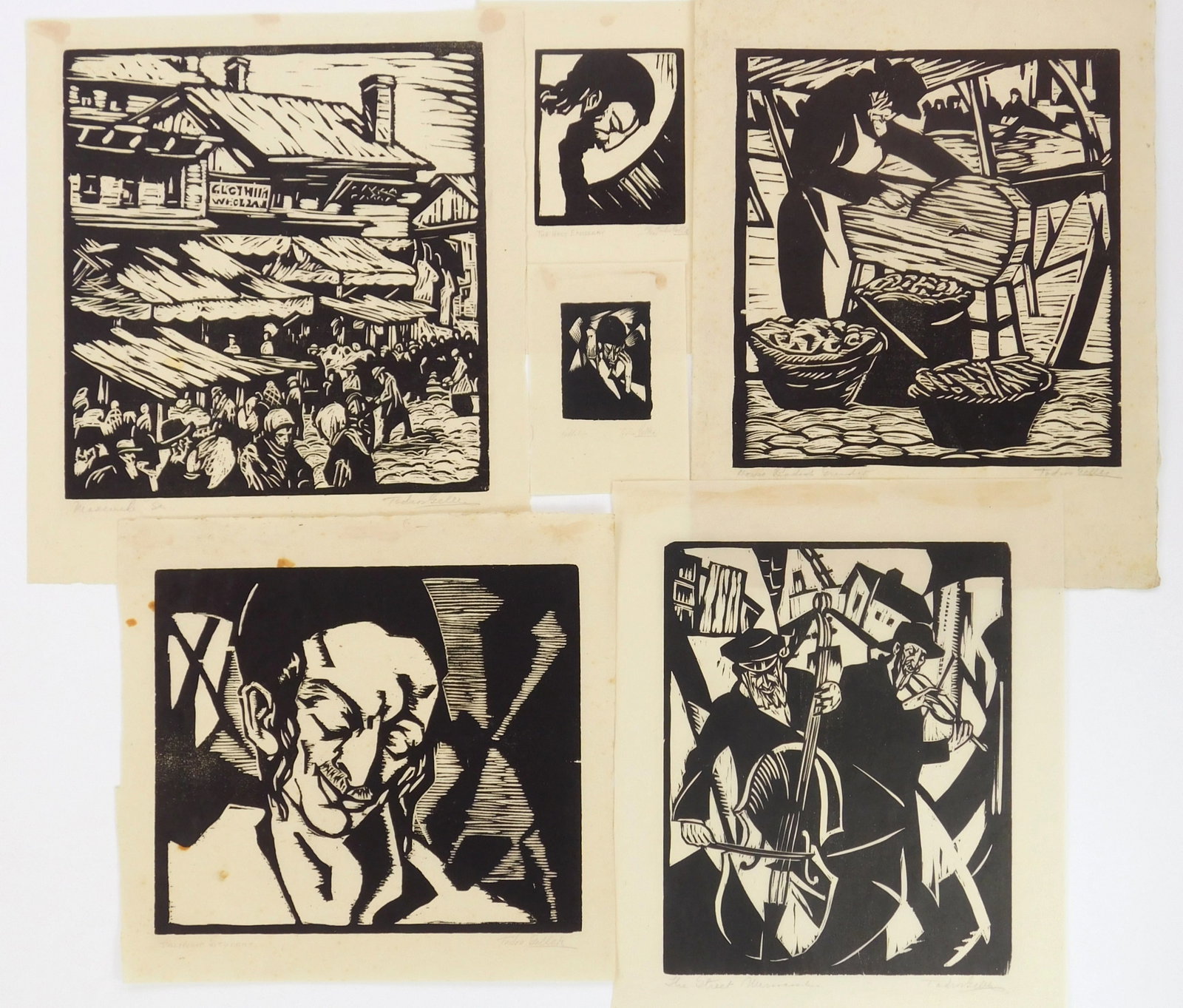 6 Todros Geller (Ukraine/ American, 1889-1949) woodcuts: The Holy Emissary; Horse Radish Grader; Maxwell Street, Chicago; Rabbolist; The Street Musicians & Talmudic Student 6 woodblocks, all signed and titled in pencil. 10 1/2 x 9 3/4&qu