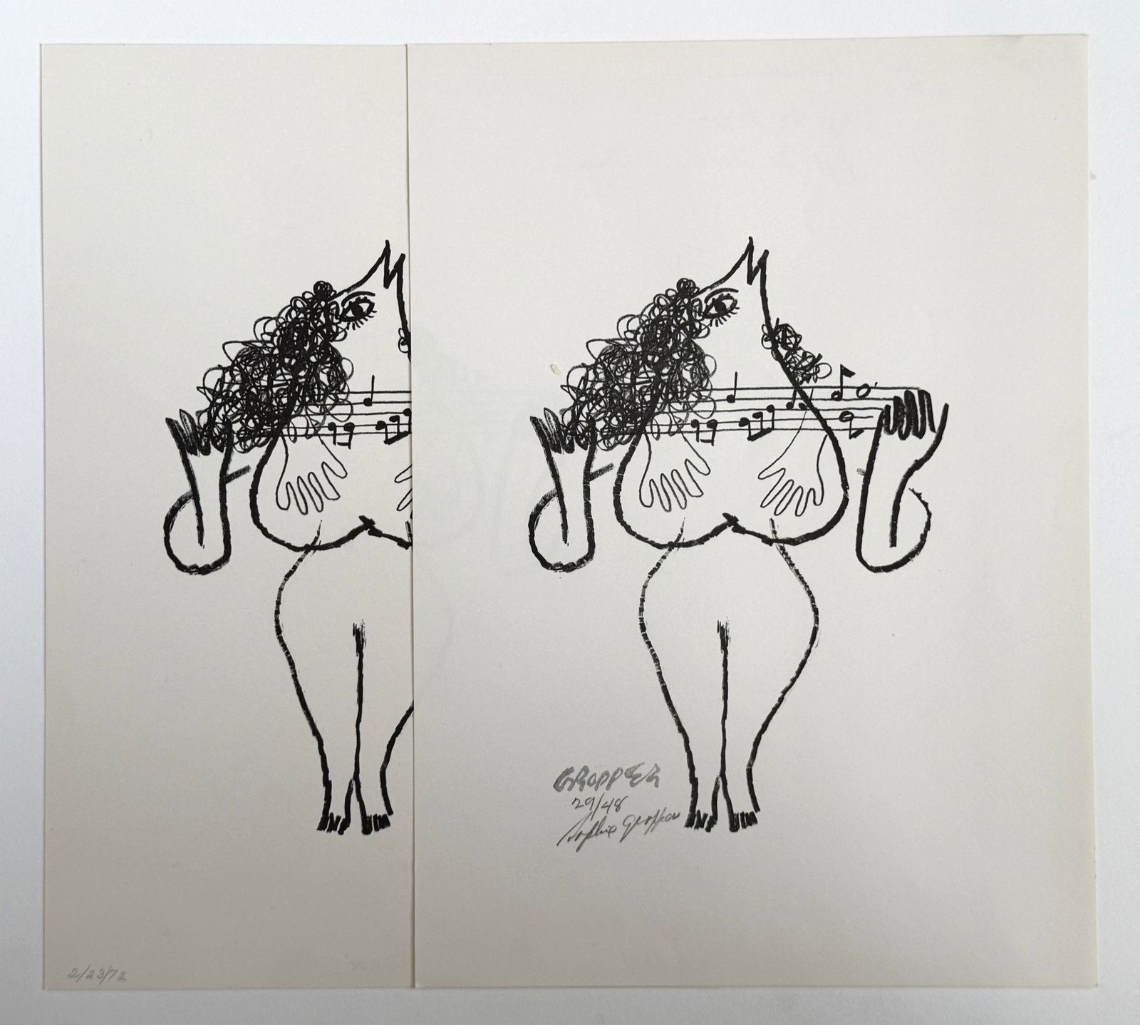 2 William Gropper (American, 1897-1977) lithographs: Fantasy Caricature & Primadonna 2 lithographs, 1972, one unsigned, one estate stamped and signed by his widow. 12 1/2 x 9" ea. (sheet) Provenance: Private collection- Ca